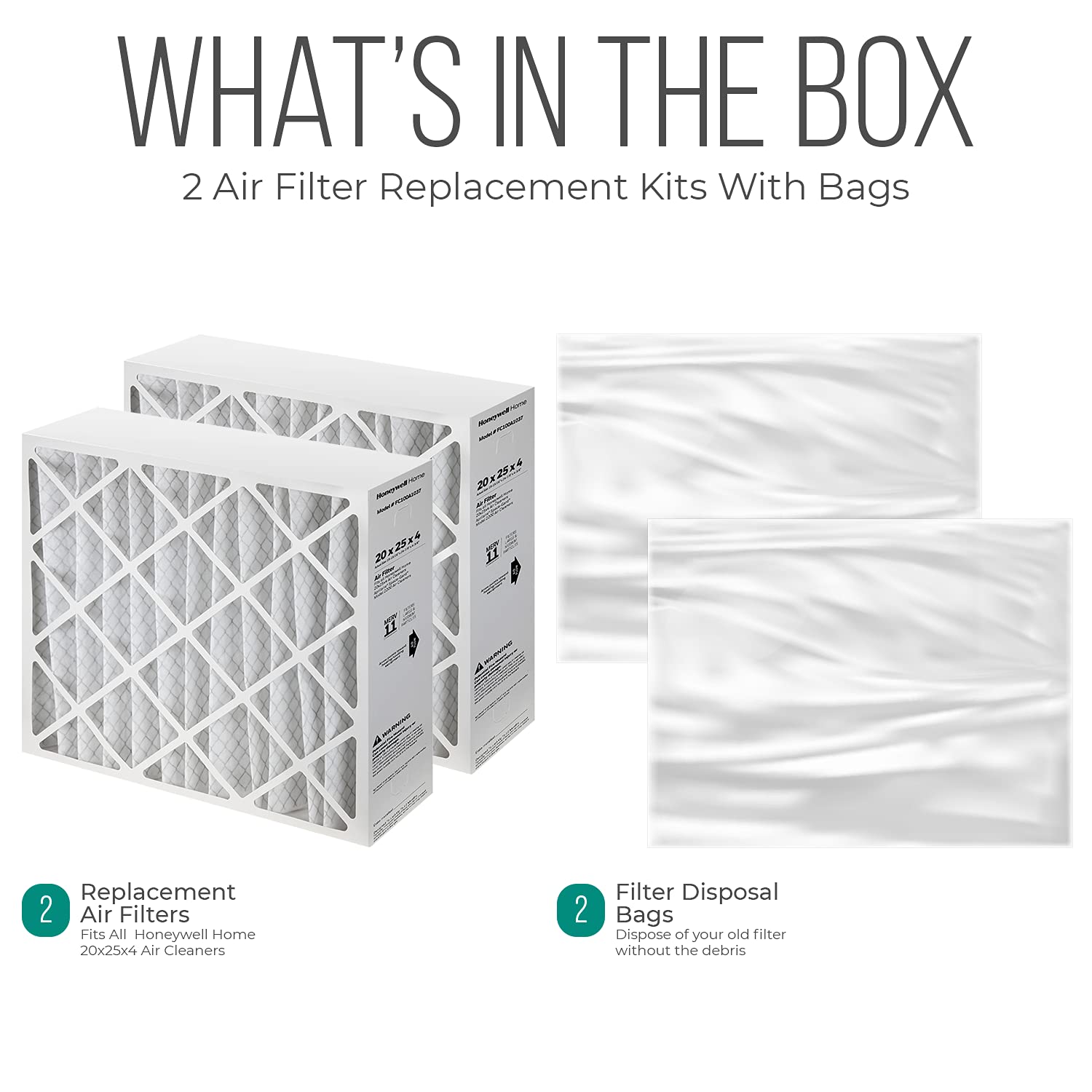 Honeywell 20x25x4 MERV 11 Air Filter Replacement - 2 Pack with Disposal Bags, Fits Most HVAC Systems (19.94x24.86x4.38 Inches) - Perfect for Home, Office & Commercial Use