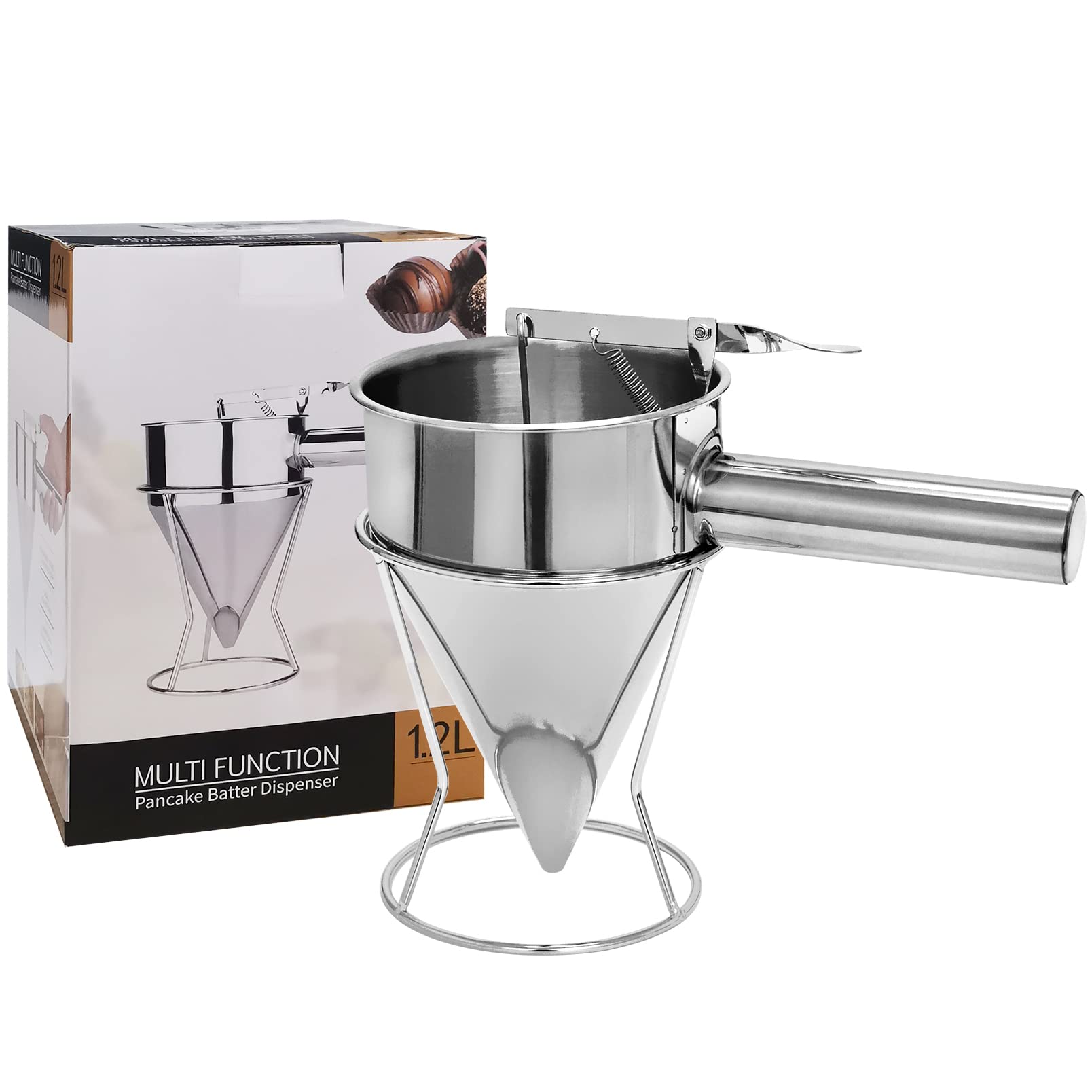 Premium Stainless Steel Pancake Batter Dispenser with Stand - Perfect Kitchen Tool for Pancakes, Waffles, Cupcakes & Crepes - Easy Pour Funnel for Baking Supplies - Ideal for Home Bakeries, Breakfast Restaurants & DIY Cooking Enthusiasts