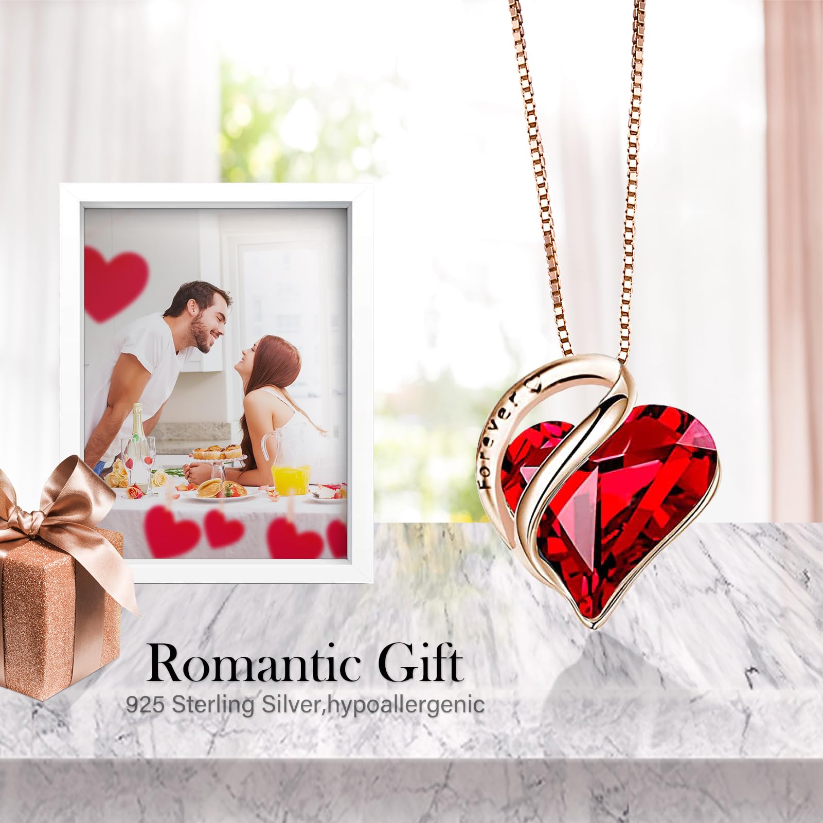 Preserved Rose Box with Red Crystal Necklace - Eternal Rose & 925 Sterling Silver Heart Pendant - Ruby Birthstone Jewelry - Enchanted Flower Garnet Gift for Women - Perfect for Mother's Day, Anniversary & Romantic Occasions