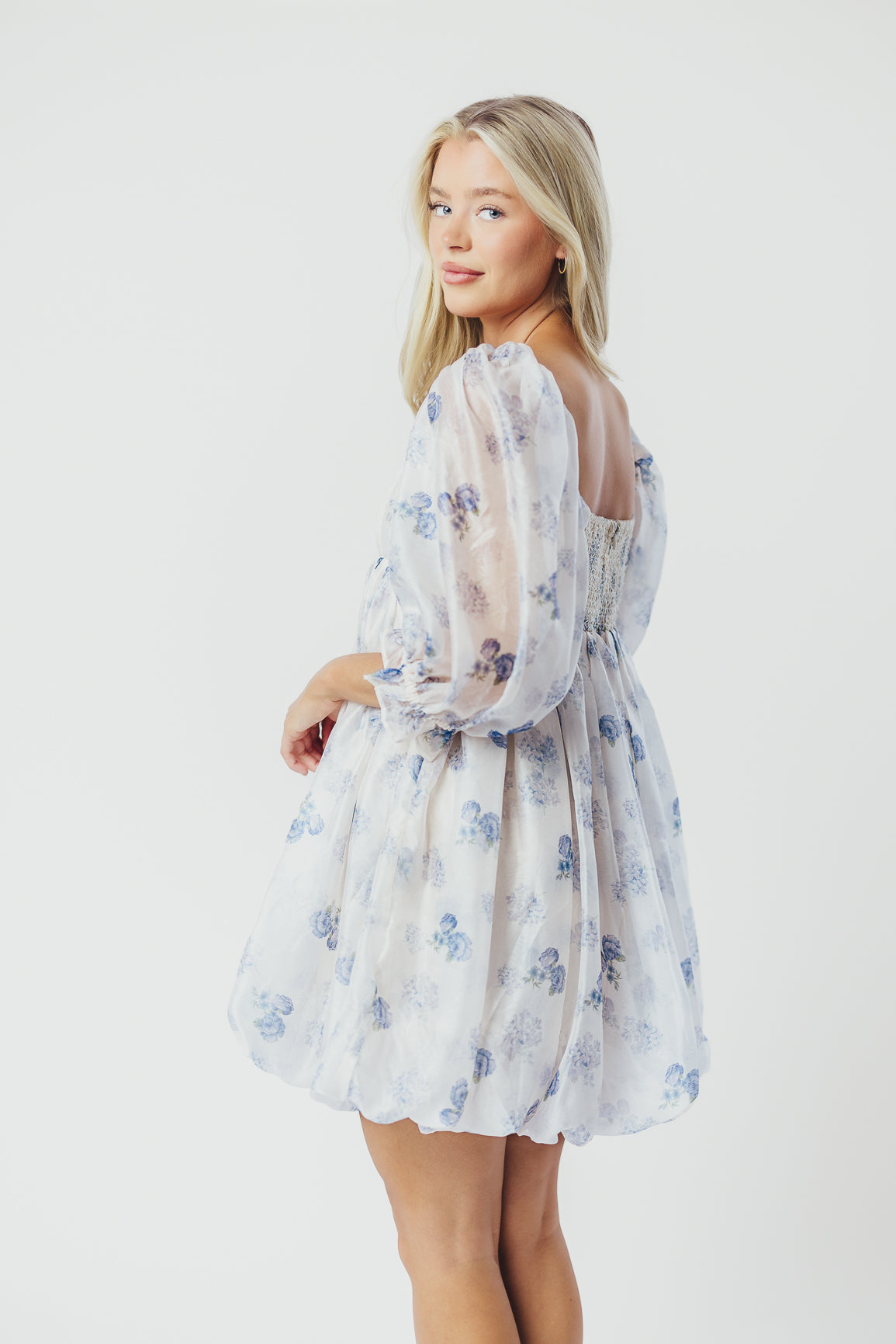 Chase Bubble Hem Mini Dress - White & Periwinkle Floral Summer Dress for Women, Perfect for Beach Vacations, Brunch Dates & Cocktail Parties