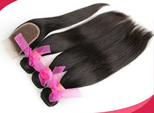 8A Brazilian Straight Virgin Hair Bundles with Lace Closure - 3 Bundles & 14