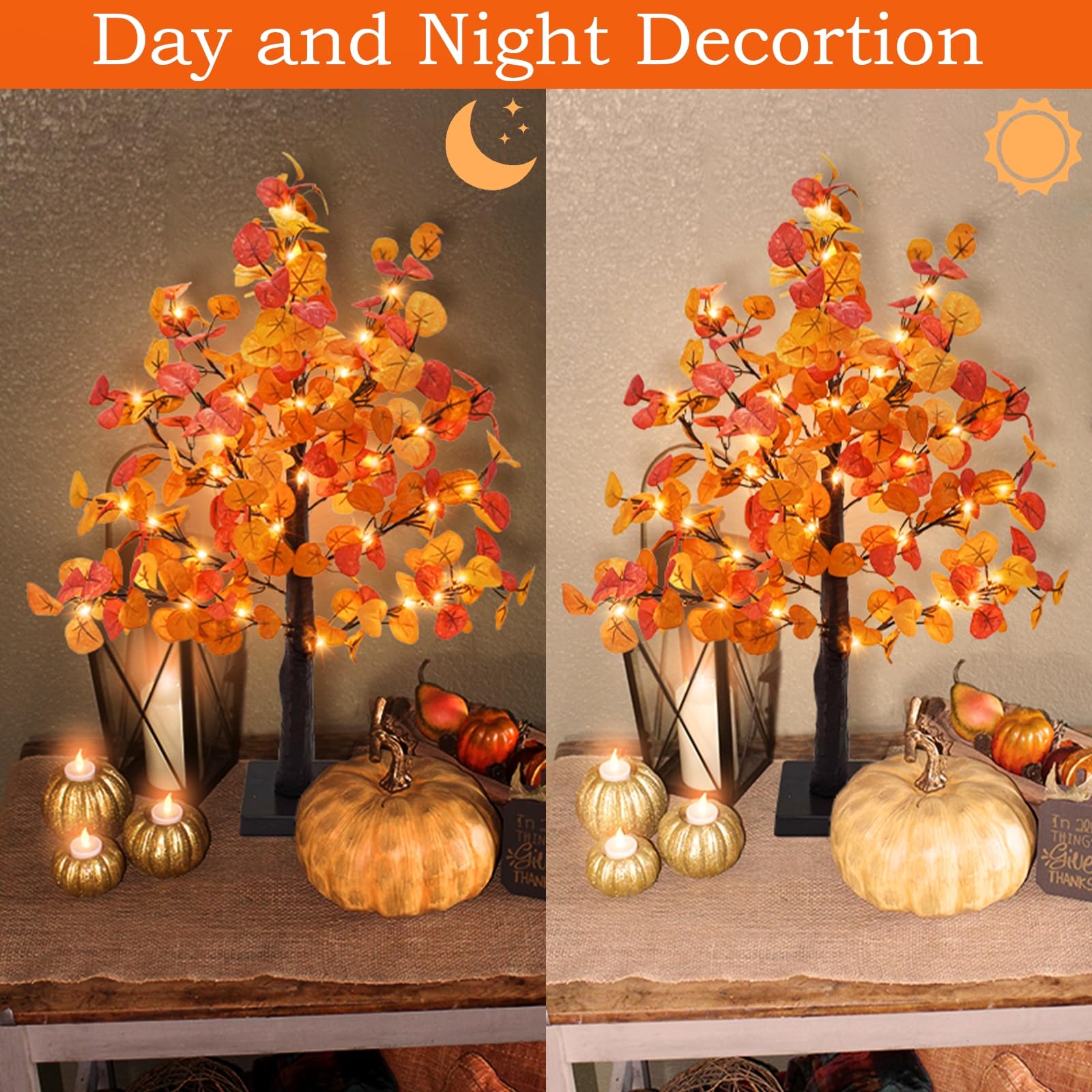 24 Inch Artificial Eucalyptus Tree with 55 LED Lights - Battery Operated Fall Decor with Timer for Home, Wedding, Thanksgiving | Indoor Tabletop Centerpiece for Autumn Harvest Decorations