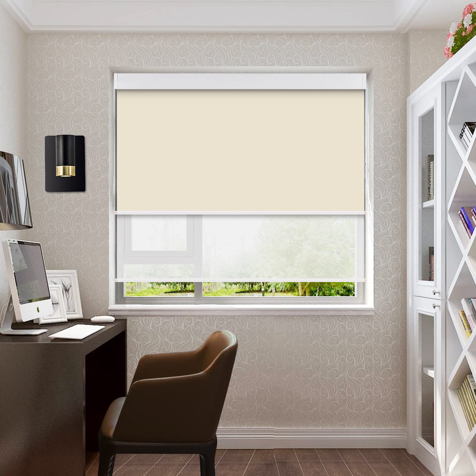 SUAKY Dual Window Blinds Roller Shades - Beige Blackout & Light Filtering Shades with Valance for Day & Night Use - Perfect for Living Room, Bedroom & Home Office Privacy