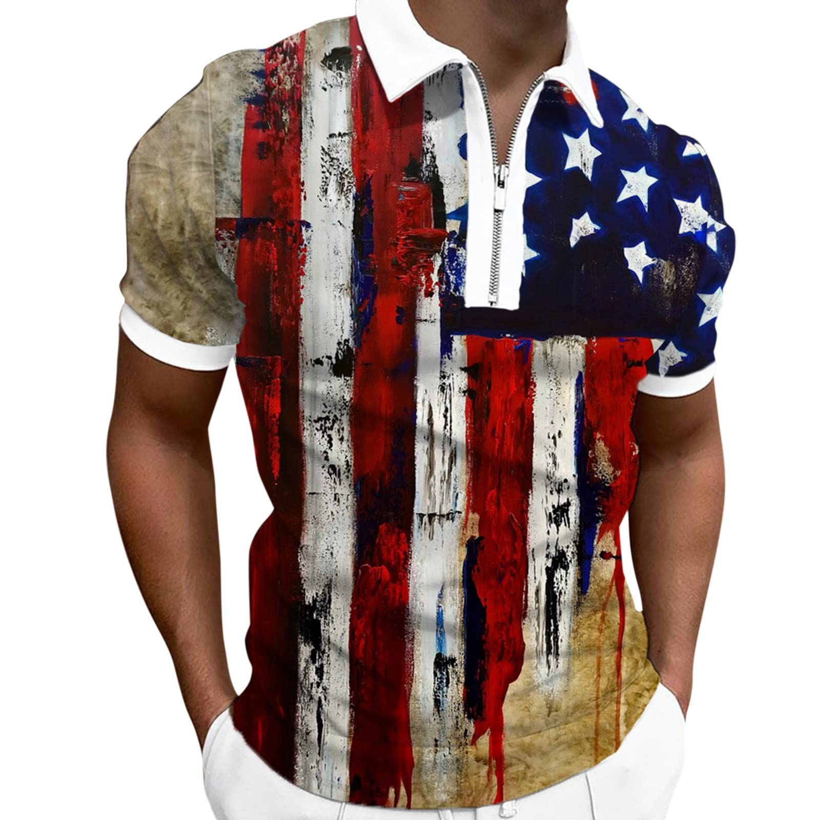 Men's American Flag Athletic Polo Shirt - Zipper Placket Short Sleeve Summer Golf Shirt | Moisture-Wicking Performance Fabric for Sports, Casual Wear & Outdoor Activities