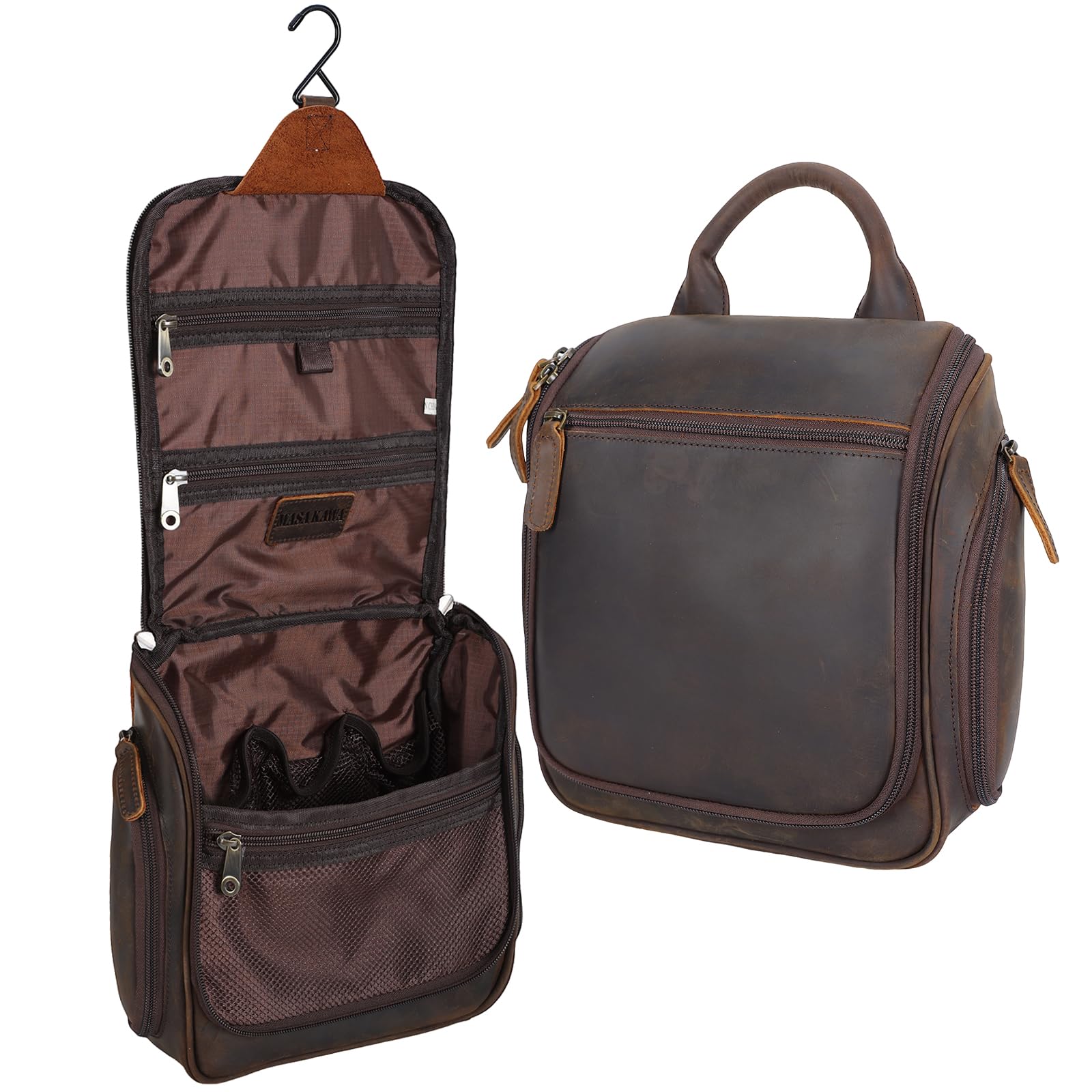 Vintage Brown Leather Hanging Travel Toiletry Bag for Men - Expandable Portable Cosmetic Organizer, Camping Shaving Kit & Bathroom Essentials Storage - Perfect for Business Trips, Outdoor Adventures & Daily Use