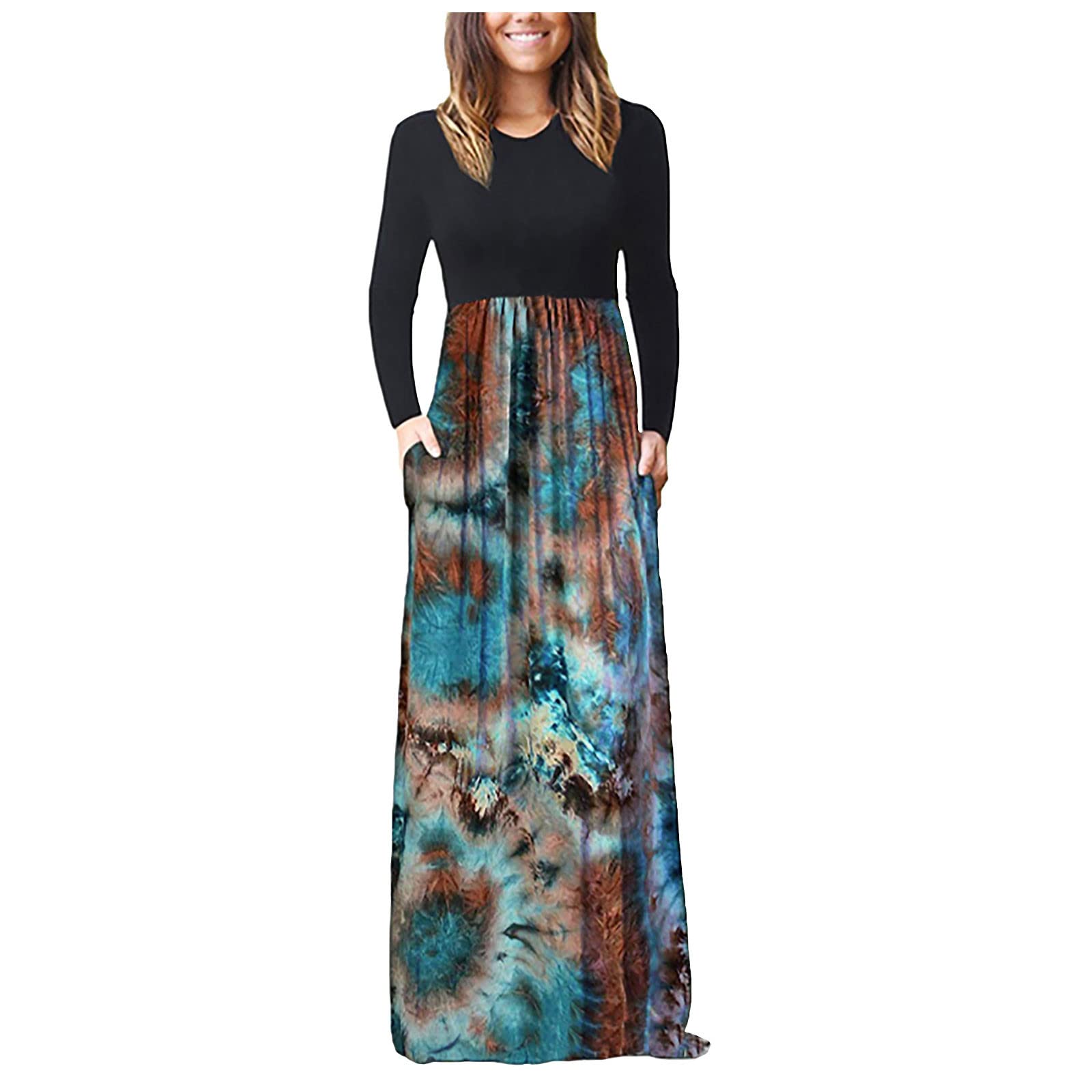 Women's Tie Dye Maxi Dress - Long Sleeve Loose Floral High Waist Casual Dress with Pockets | Perfect for Fall Outfits, Beach Cover Ups & Boho Fashion