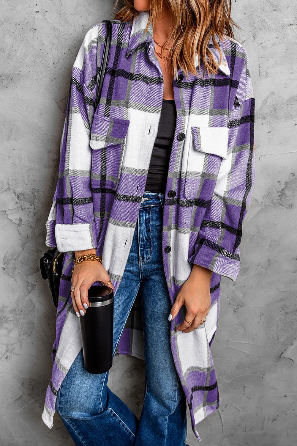 PRETTYGARDEN Women's 2025 Plaid Shacket Jacket - Long Sleeve Button Down Shirt with Wool Lining for Winter | Fashion Outerwear for Casual Wear, Office & Outdoor Activities