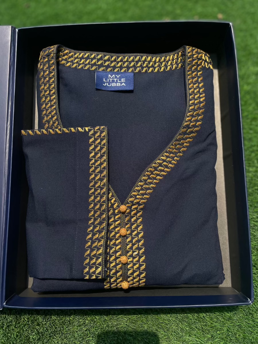 Men's Navy Blue Thobe with Mustard Embroidery - 3/4 Sleeve Traditional Islamic Robe for Prayer, Eid & Special Occasions
