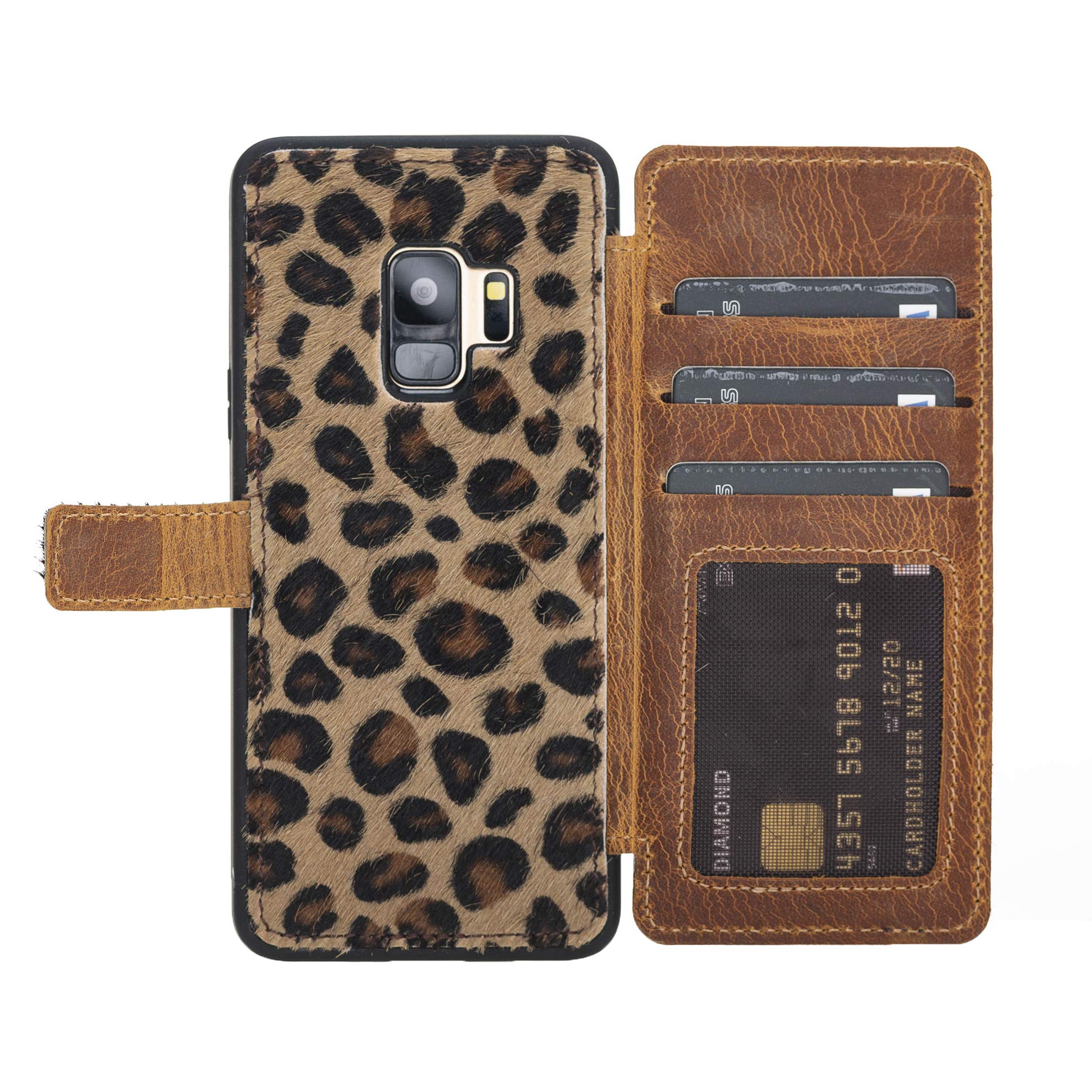Venito Verona Genuine Leather Phone Case for Samsung Galaxy S9 (5.8 Inch) - RFID Blocking Flip Wallet Cover with Card Slots | Slim Protective Case | Furry Leopard Print | Perfect for Travel, Work & Everyday Use