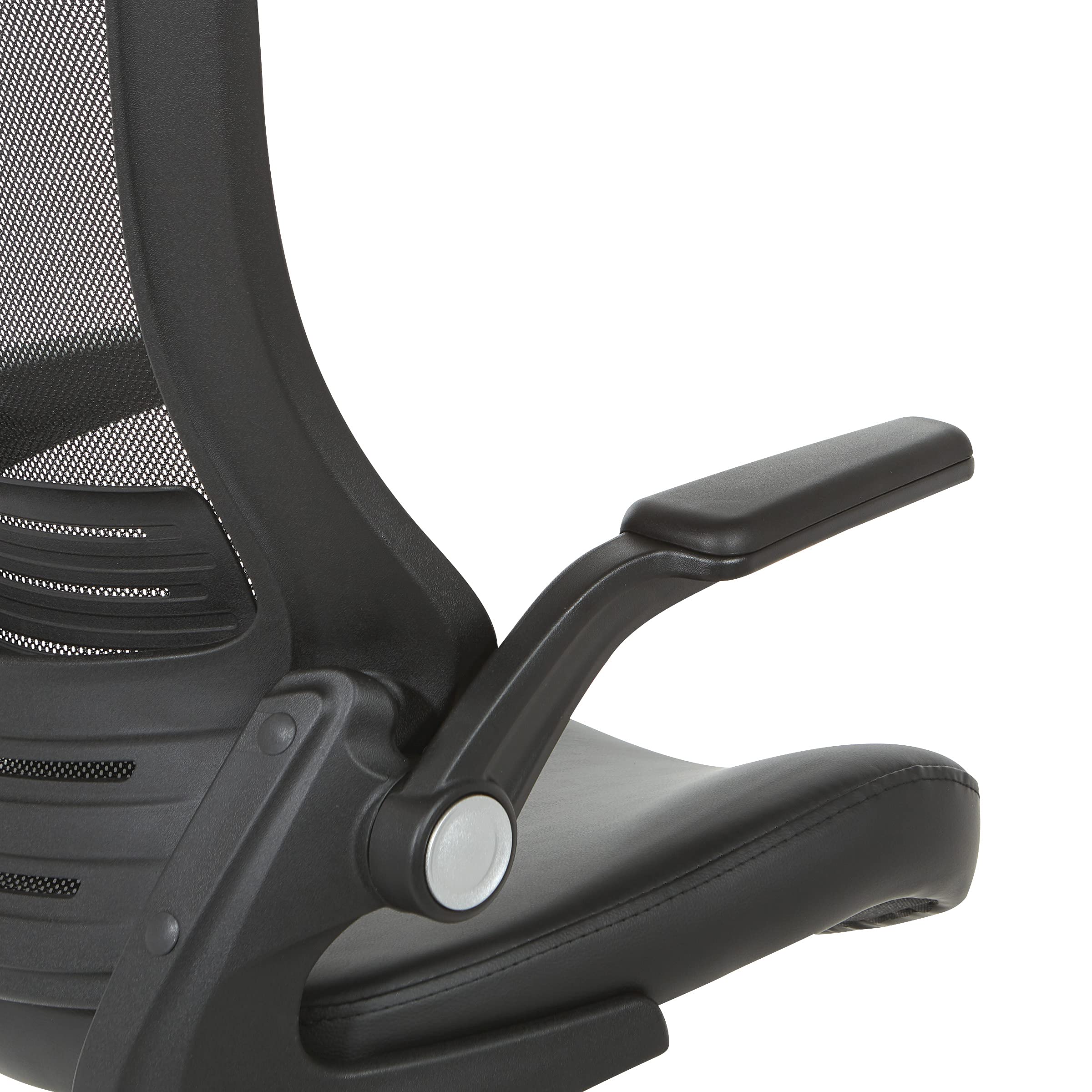 Office Star Ventilated Black Mesh Back Fully Adjustable Ergonomic Office Chair with Padded Flip-Up Arms and Swivel Nylon Base - Black Faux Leather Executive Chair for Home Office & Workspace