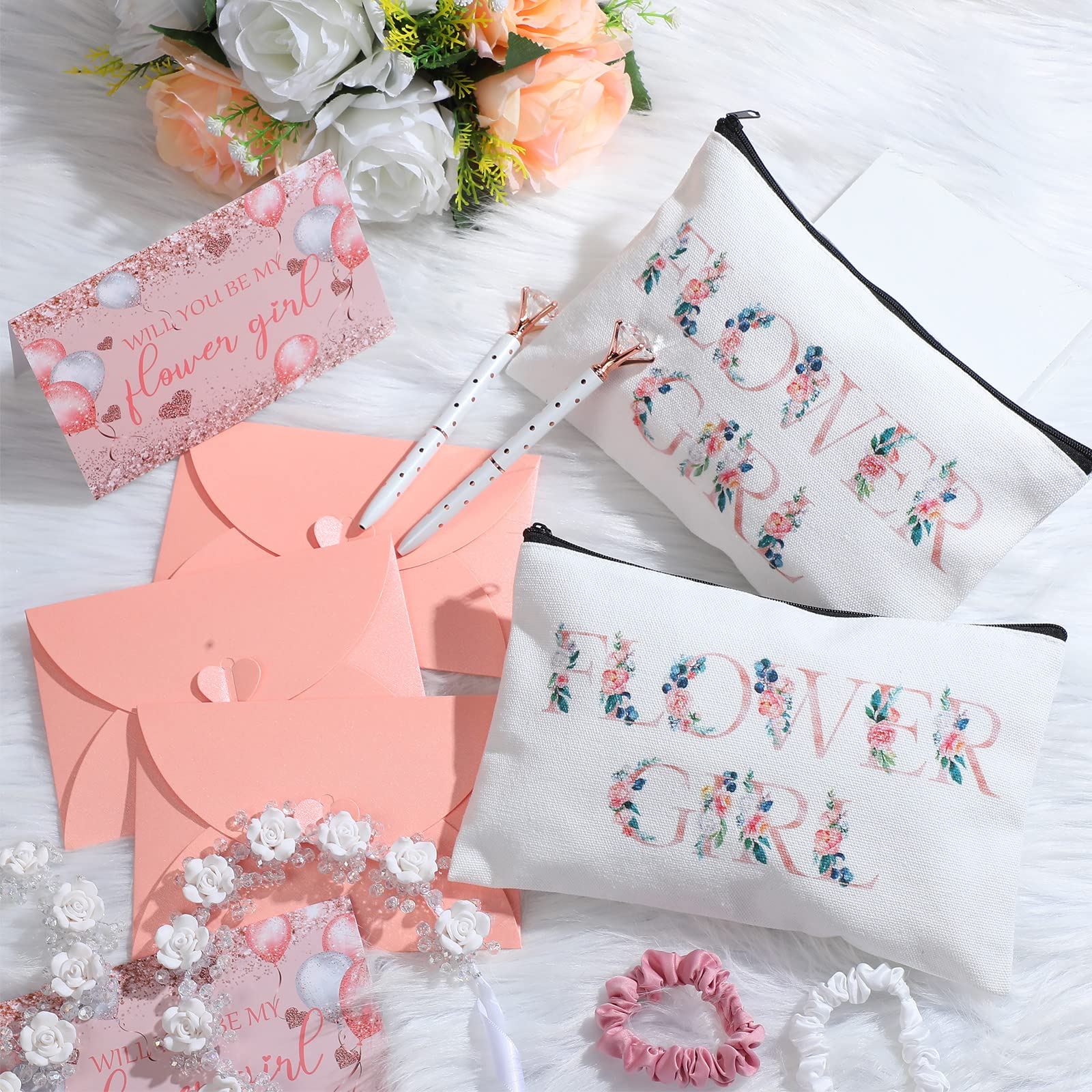 Eccliy 12-Piece Wedding Proposal Gift Set - Cosmetic Bag, Flower Girl Headpiece, Satin Scrunchies, Diamond Pens, Proposal Card & Envelope - Perfect for Weddings, Engagements & Bridal Parties | Great for Flower Girls, Bridesmaids & Proposal Surprises
