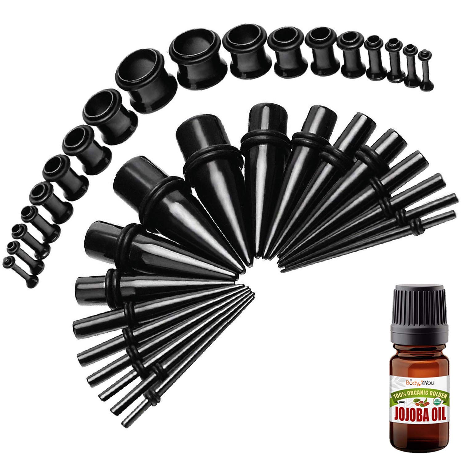BodyJ4You 29PC Gauges Kit - Ear Stretching Aftercare with Jojoba Oil & Wax - 12G to 0G Multicolor Steel Tunnel Plugs & Tapers - Perfect for Ear Piercing Care, Stretching Process, and Daily Wear