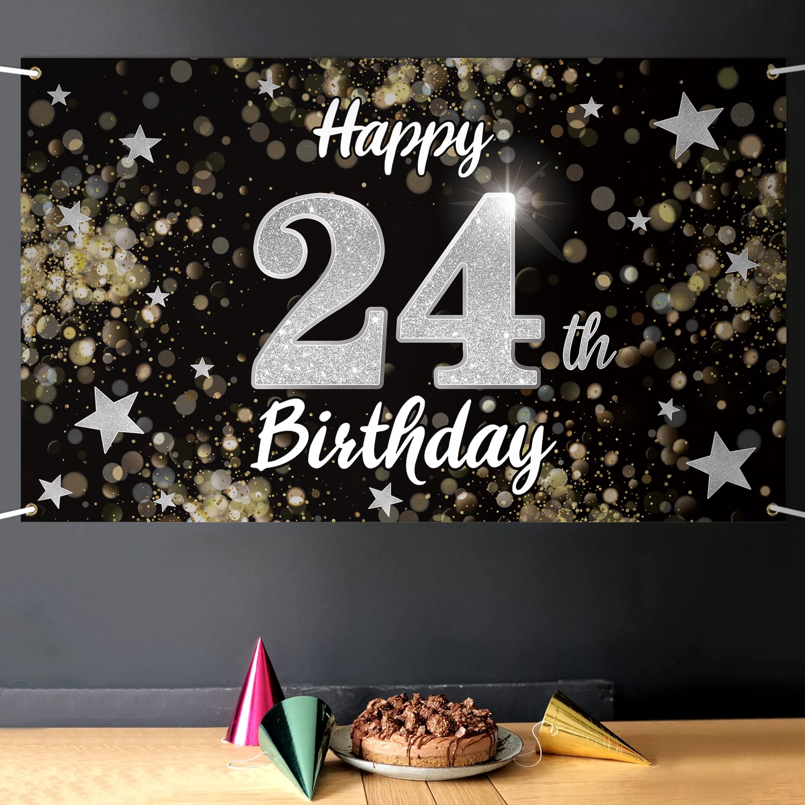 24th Birthday Decorations - Black & Silver Dream Star Large Backdrop Banner for 24 Years Old Party | Perfect for Milestone Celebrations, Photo Booths & Birthday Party Decor
