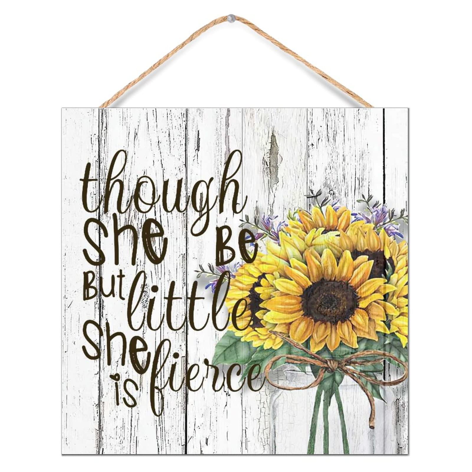 Vintage Farmhouse Welcome Door Sign - 8x8 Inch Rustic Wood Decor with 'Though She Be But Little She is Fierce' Quote - Floral Glass Bottle Design - Perfect for Kids Room, Nursery, or Front Porch Entryway Decoration