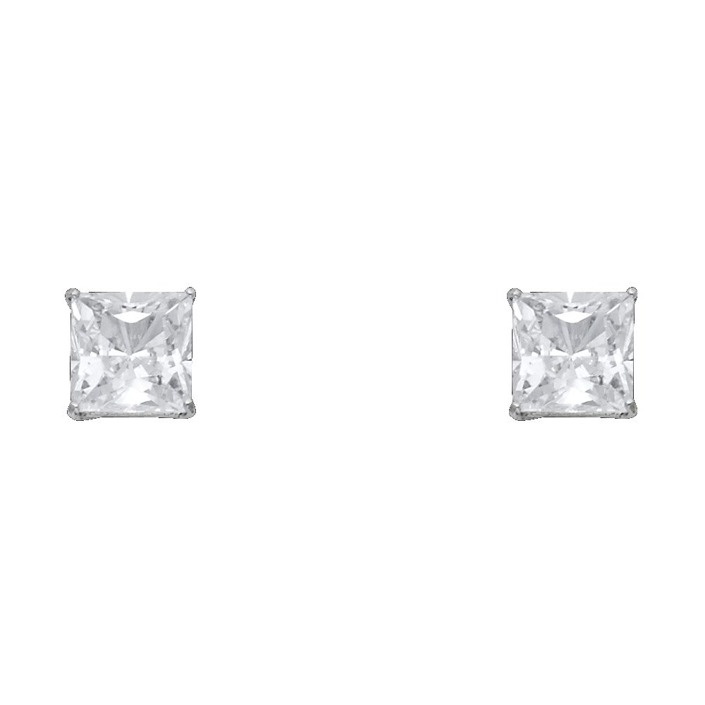 14K White Gold Princess Cut Solitaire Stud Earrings - 7mm Polished Diamond Basket Setting with Push Back Closures - Perfect for Weddings, Anniversaries & Special Occasions