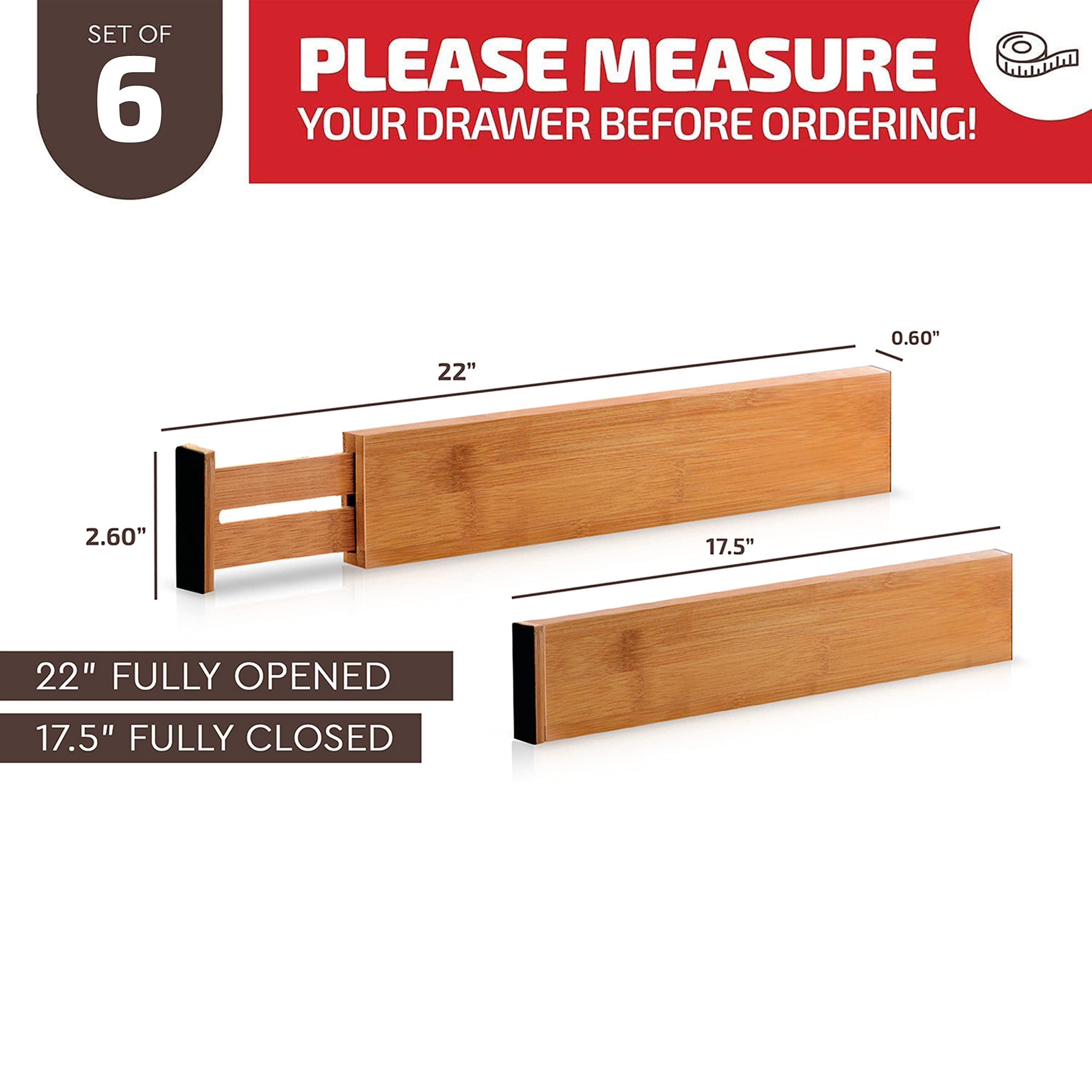 Expandable Bamboo Drawer Organizer Set - 6 Pack Adjustable Kitchen Drawer Dividers (17