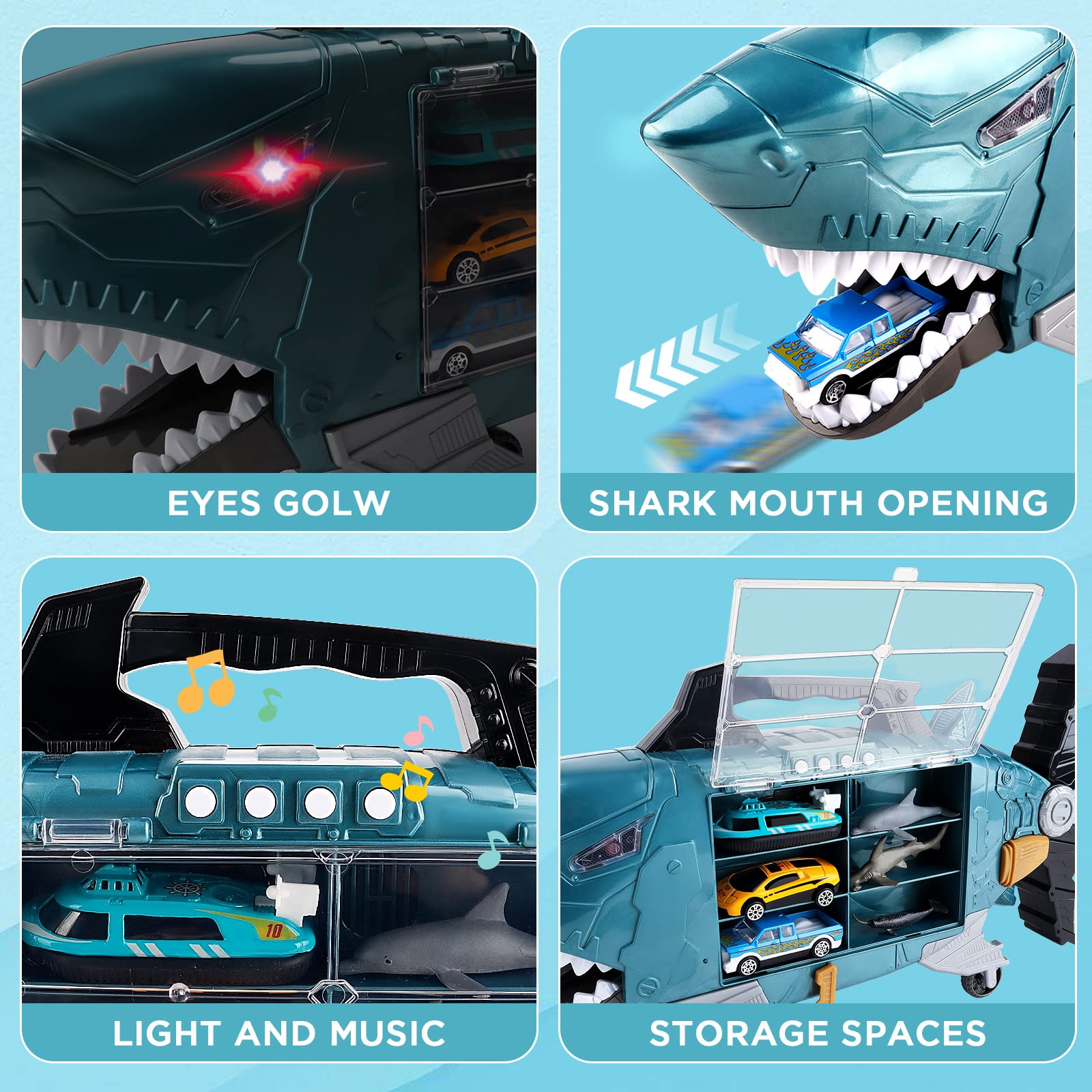 deAO Shark Truck Toy Set with 8 Animal Toys - Light & Sound Effects, Interactive Play Vehicle for Toddlers & Kids - Perfect Birthday Gift for Boys & Girls (Great for Pretend Play, Role-Playing & Learning Fun)