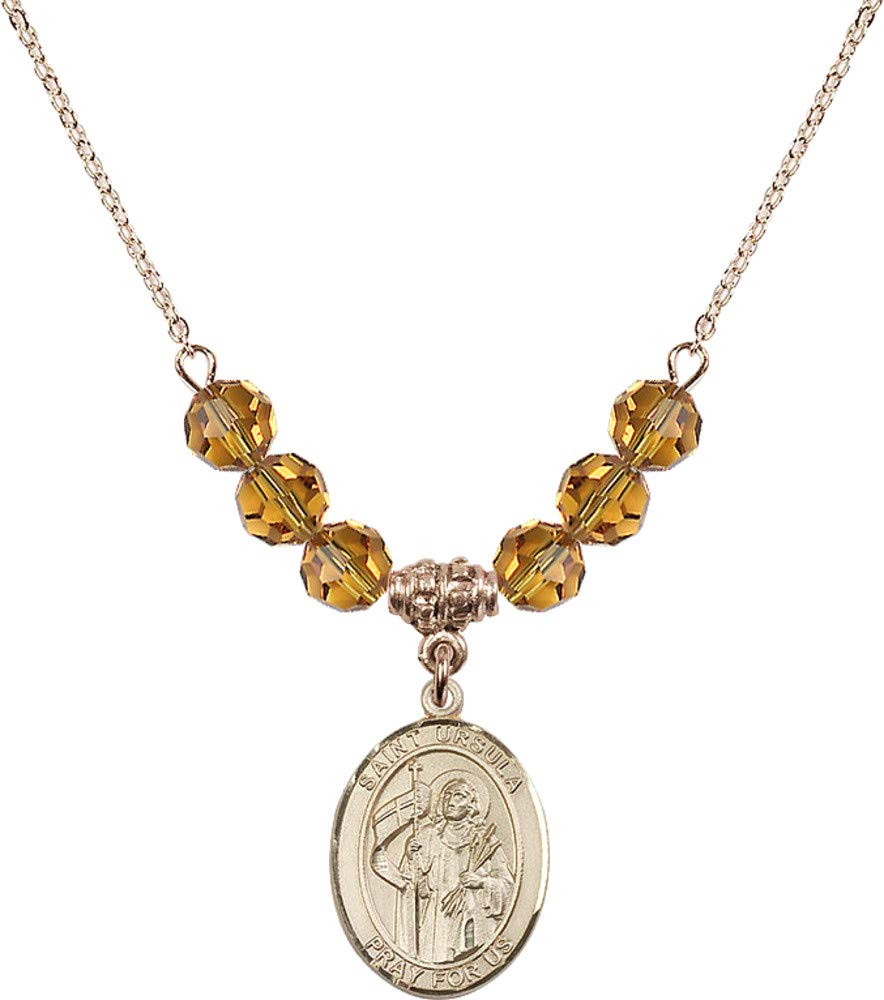 Bonyak 18K Gold Plated Hamilton Necklace with 6mm Yellow November Birthstone Beads & Saint Ursula Charm - Perfect Gift for Birthdays, Anniversaries & Special Occasions