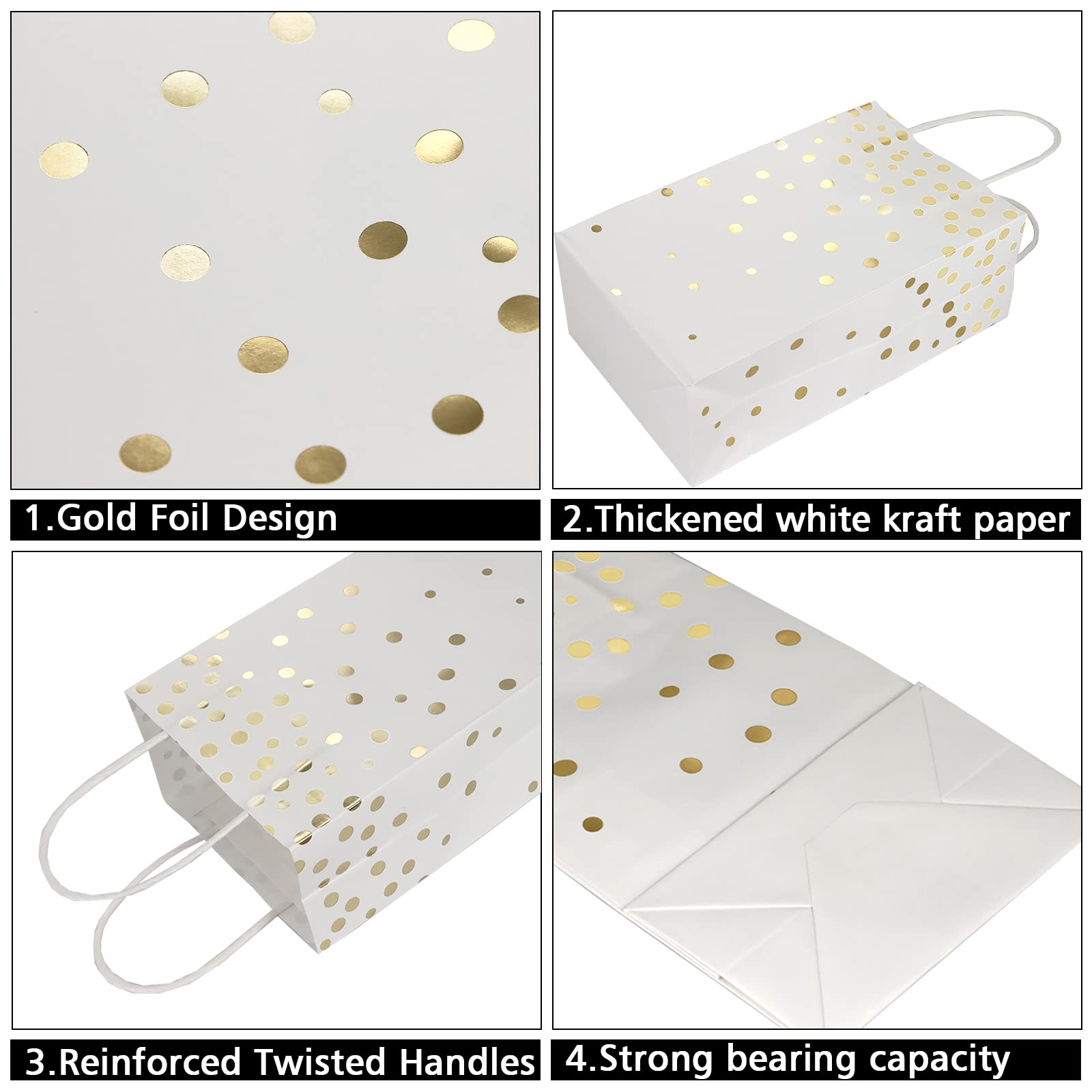 ECOHOLA 25-Pack White & Gold Foil Gift Bags with Handles - 9
