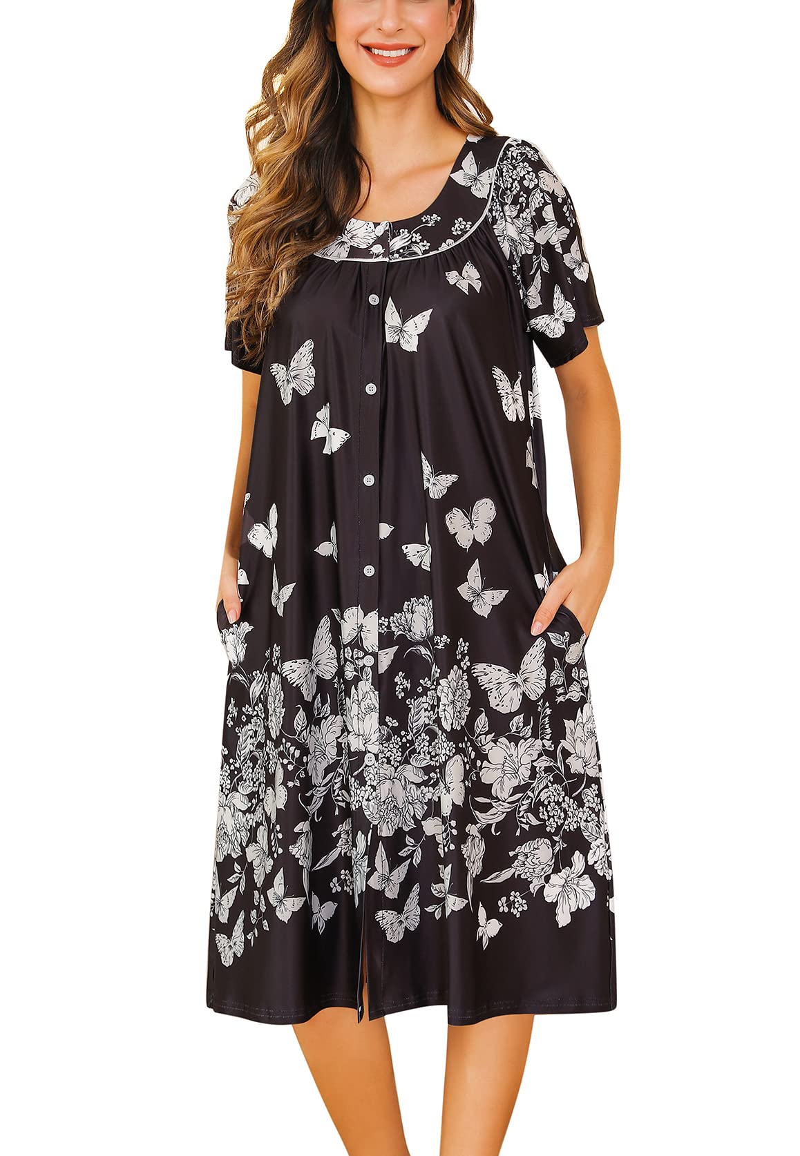 YOZLY Women's Short Sleeve House Dress - Comfortable Mumu Duster Robe with Pockets for Lounge, Sleep & Maternity Wear | Soft Casual Homewear for Relaxing, Nursing & Pregnancy