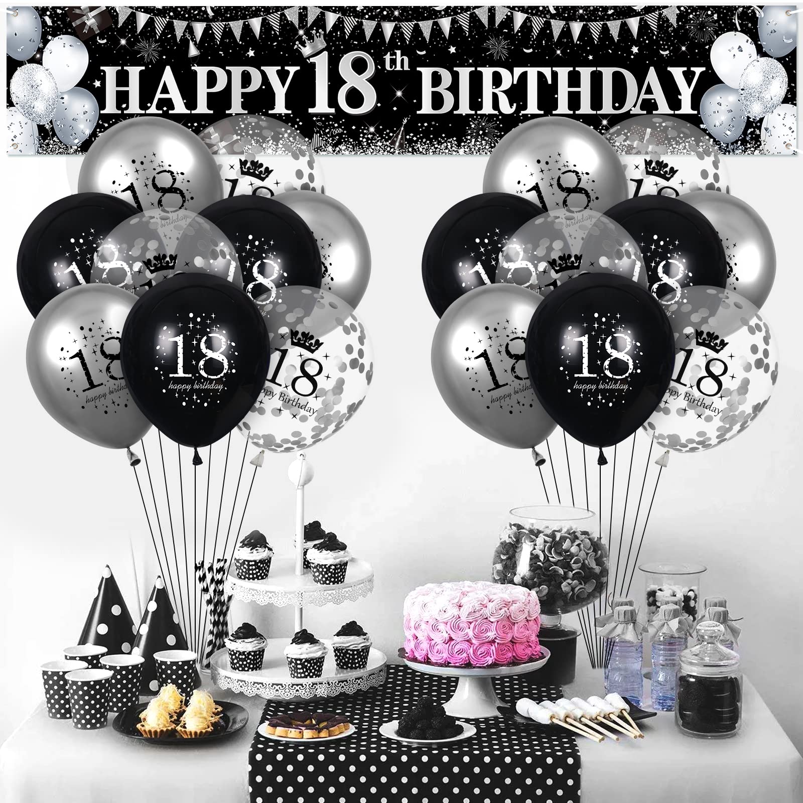 Black Silver 18th Birthday Party Decorations Set - Happy 18th Birthday Banner, Yard Sign & 18PCS Balloons for Boys & Girls - Cool Birthday & Anniversary Party Supplies for Indoor & Outdoor Celebrations