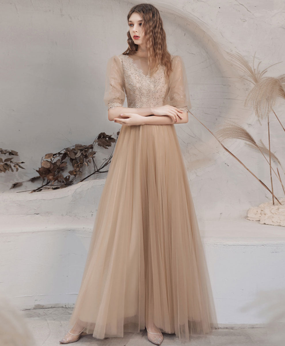 Elegant Champagne High Neck Tulle Lace Long Prom Dress for Women | Formal Evening Gown for Graduation, Homecoming, Wedding Guest & Special Occasions