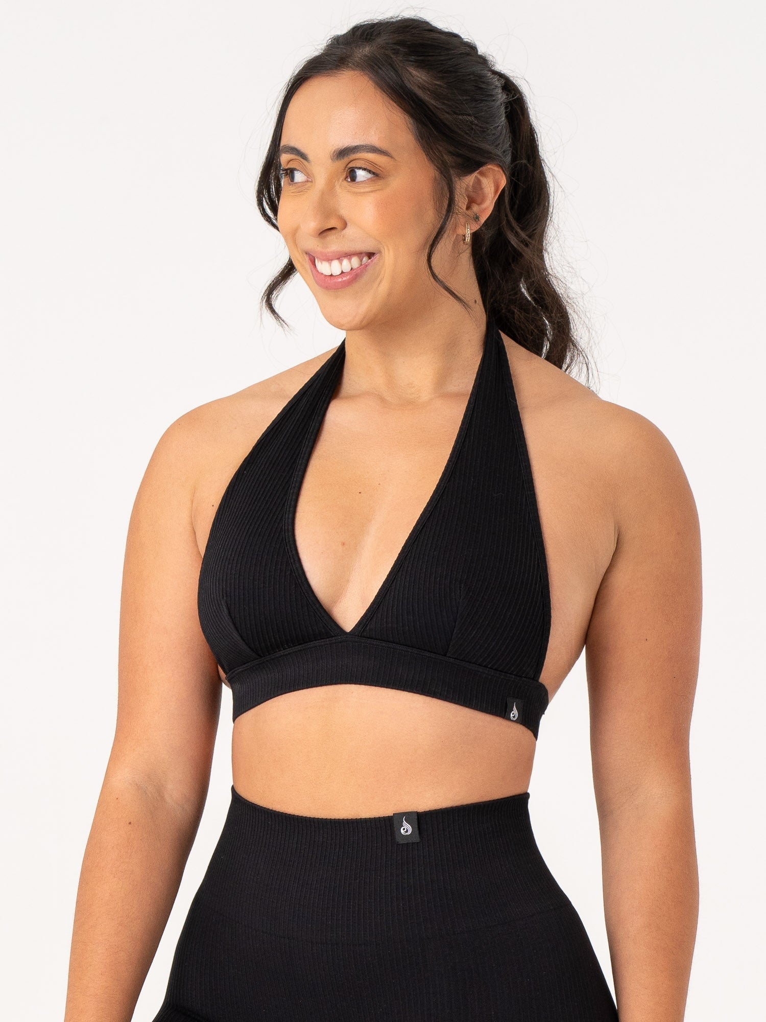 High-Waisted Ribbed Seamless Halter Sports Bra for Women - Black | Yoga, Running, Gym & Workout Comfort Support