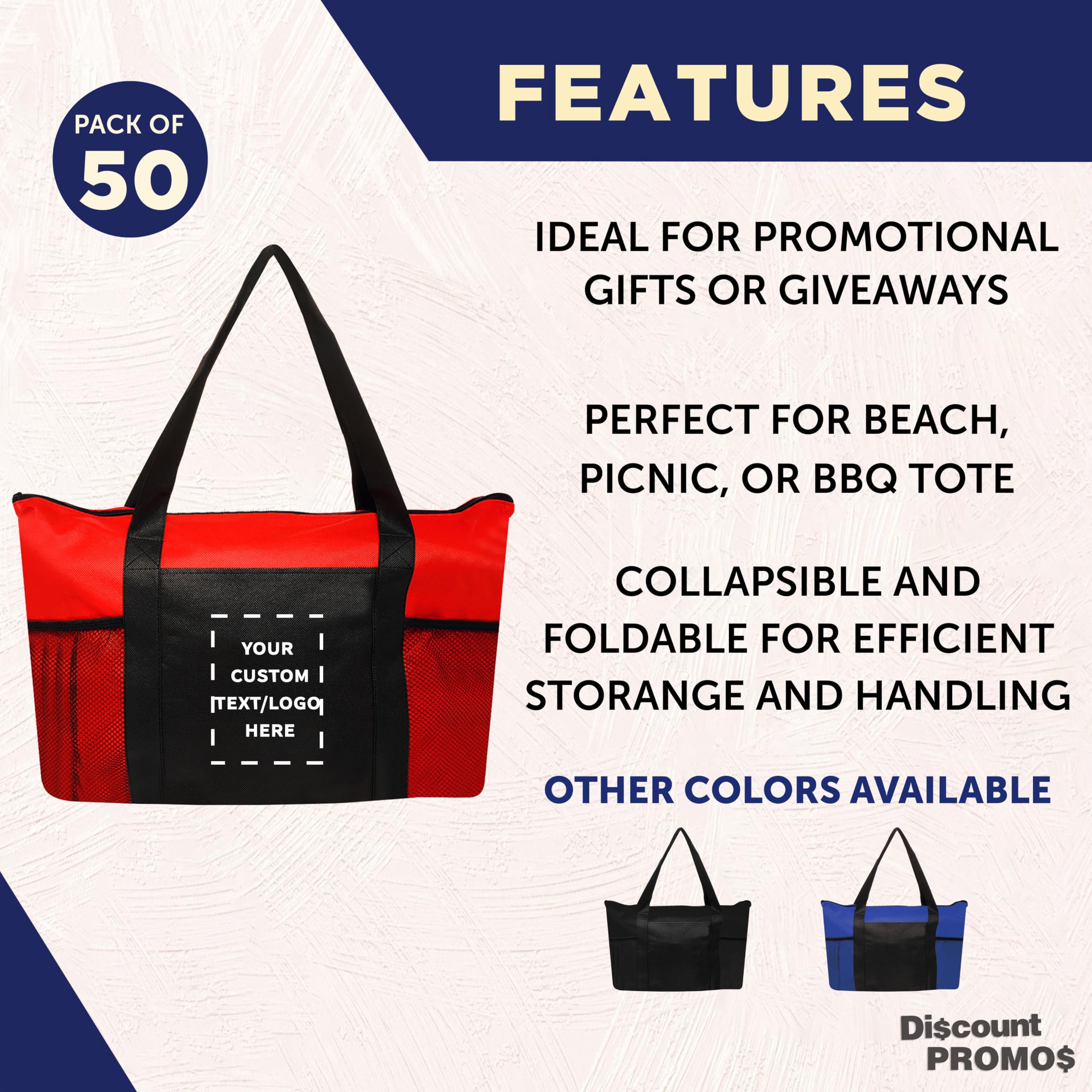 50 Pack Customizable Zippered Non-Woven Tote Bags with Mesh Pocket - Eco-Friendly Reusable Shopping Bags (19