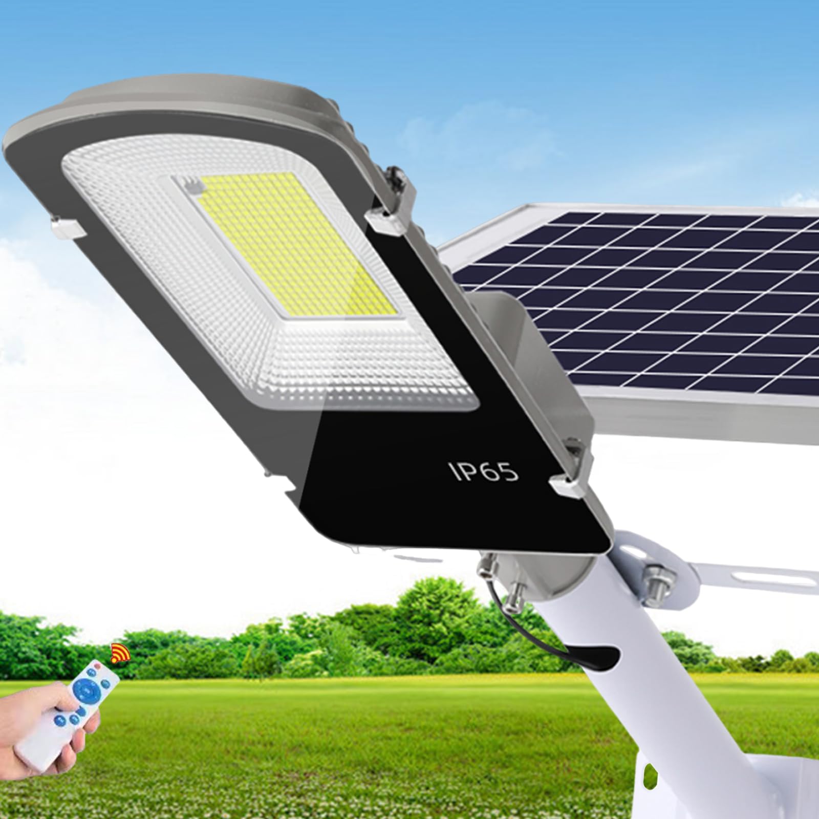 Solar Powered LED Street Lights Outdoor - 6500K Bright White, Dusk to Dawn Auto On/Off, IP65 Waterproof with Remote Control - Perfect for Parking Lots, Gardens, Yards, Patios, Stadiums & Public Plazas (Energy Efficient Outdoor Lighting Solution)