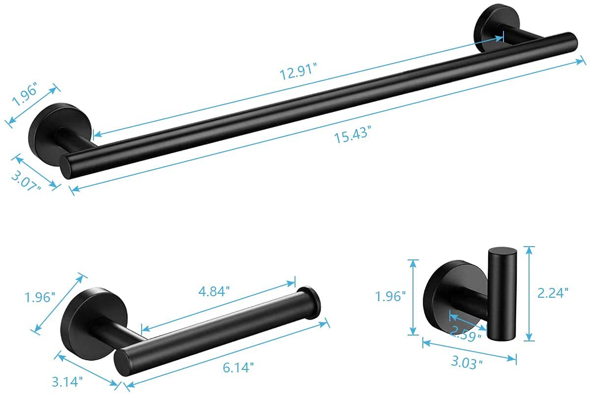 Matte Black Bathroom Hardware Set - 16.5 Inch Towel Bar, Toilet Paper Holder & Robe Hooks, SUS304 Stainless Steel Wall Mounted Bathroom Accessories Kit for Modern Home Decor