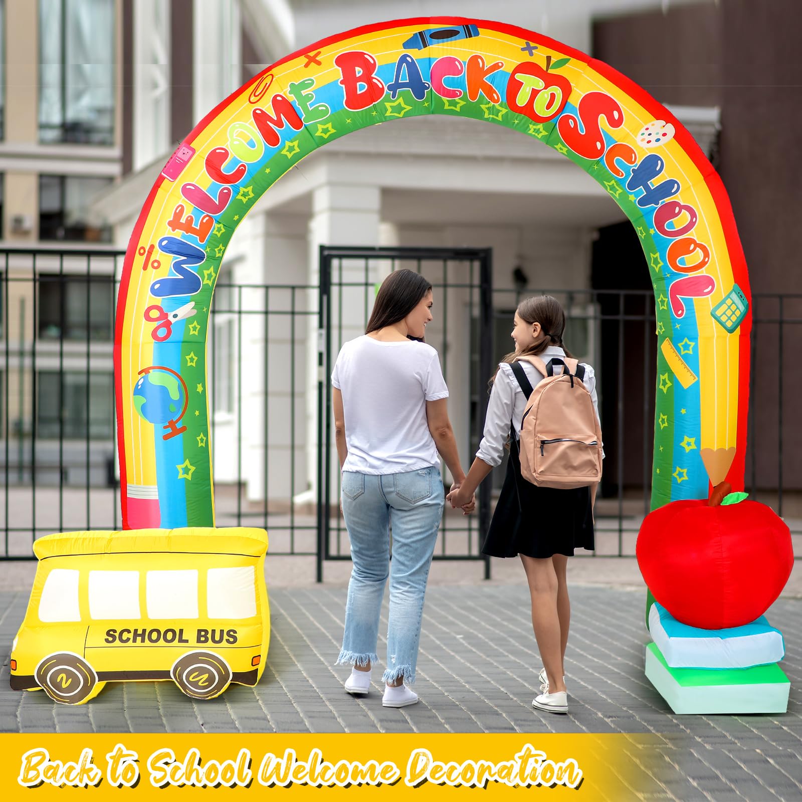 Shappy 9ft Inflatable Welcome Back to School Arch with Built-in LED Lights - Rainbow & School Bus Design for Outdoor Yard Decorations | Perfect for First Day of School Parties, Classroom Celebrations & Backyard Decor
