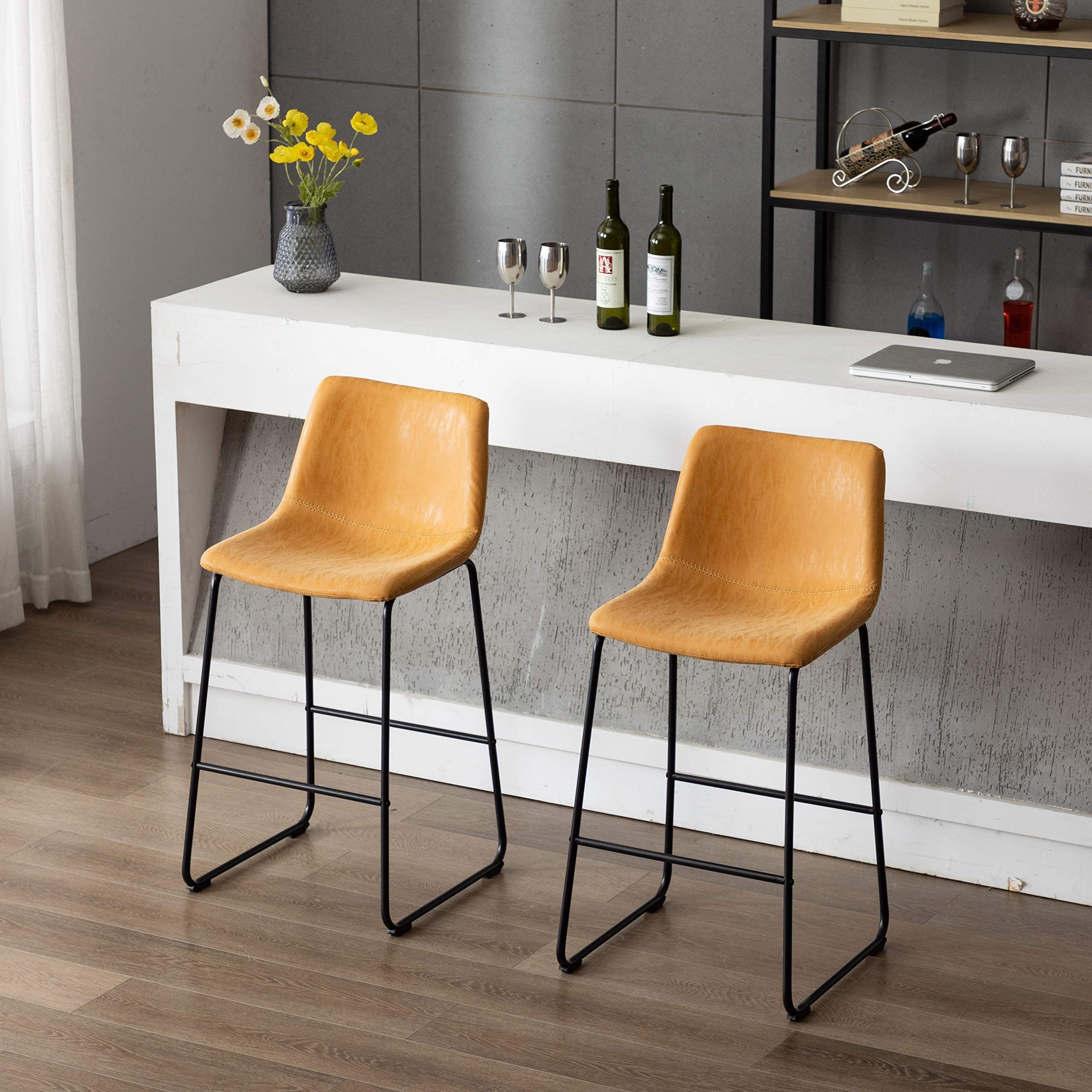 Vanity Art Set of 2 Synthetic Leather Upholstered Bar Stools - Armless Dining Chairs with Sturdy Metal Legs in Yellow Tan - Perfect for Kitchen Islands, Breakfast Bars & Home Decor