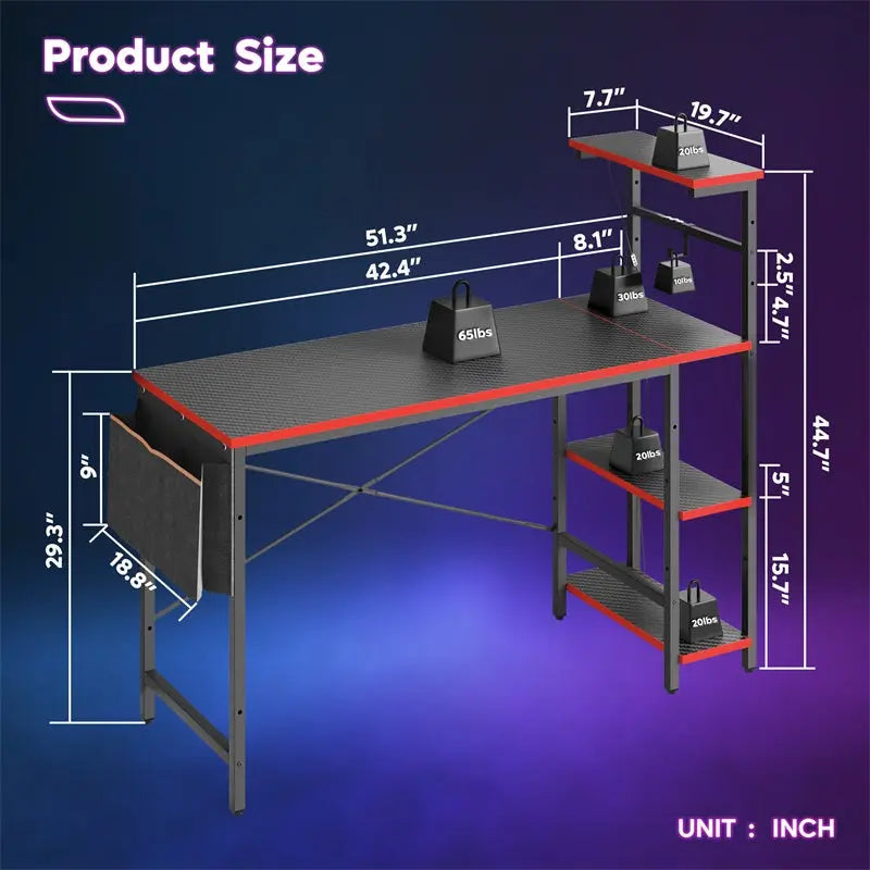Bestier 51 Inch LED Gaming Desk with 4 Tier Shelves & Storage Bag - Perfect for PC Gaming Setup, Home Office & Streaming Station