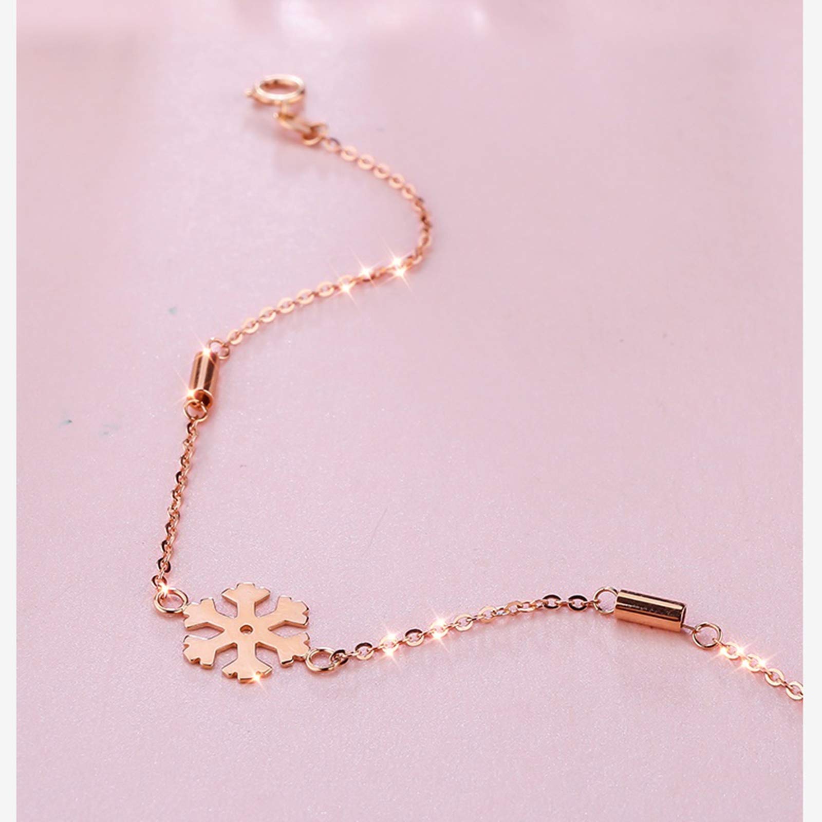 18K Rose Gold Bracelet for Women - Elegant Snowflake & Bar Charm Bridesmaid Jewelry, Adjustable 16cm+2cm Rolo Chain - Perfect for Weddings, Anniversaries & Special Occasions