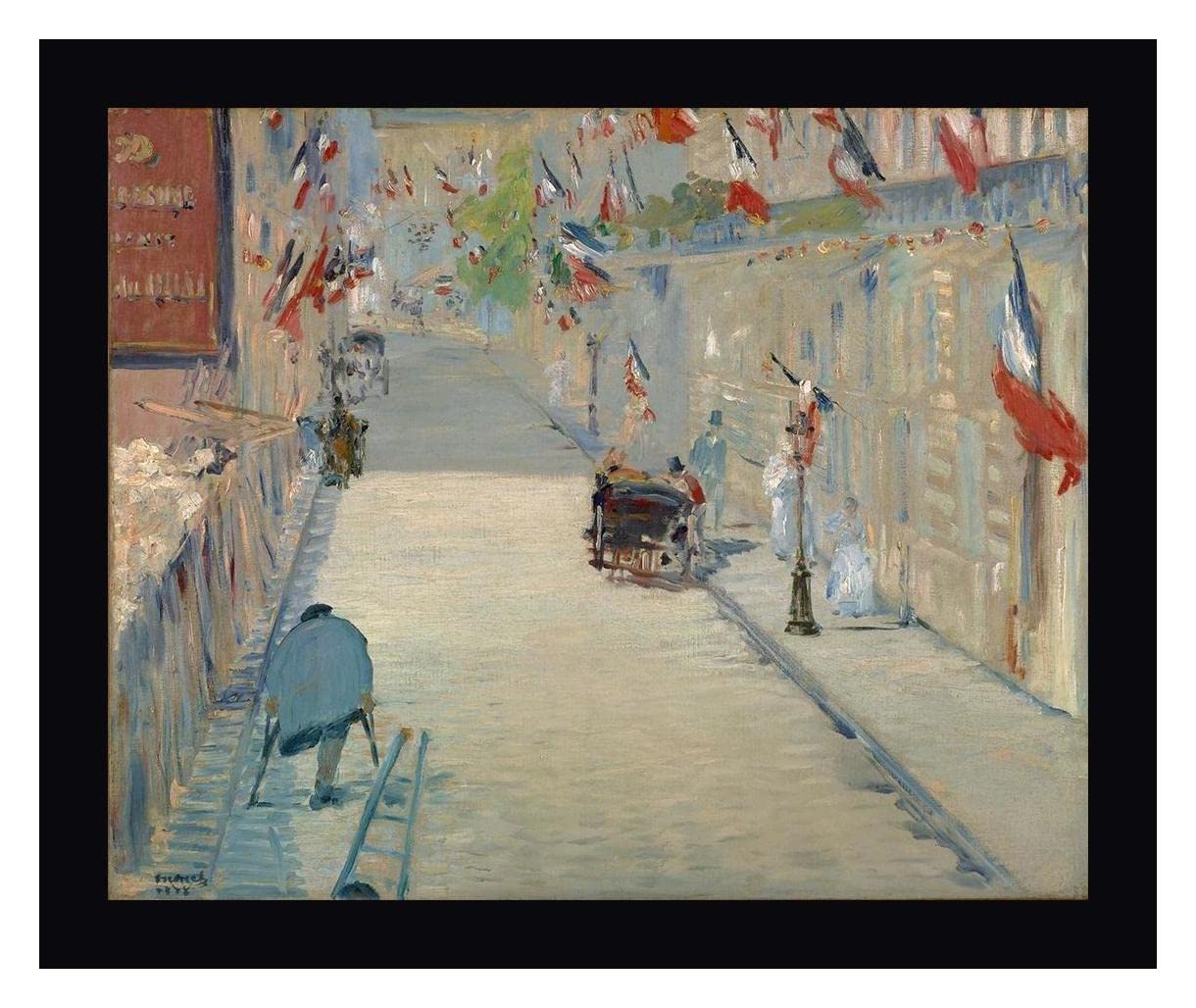 Edouard Manet The Rue Mosnier with Flags Framed Canvas Art Print - 30x36 Inch Black Frame Wall Decor - Ready to Hang - Perfect for Living Room, Office & Gallery Display