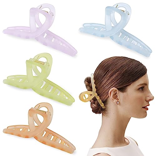 Bakefy Non-Slip Clear Hair Claw Clips for Women & Girls - Strong Hold Jaw Clips for Thick Hair, Large Butterfly Hair Clamps (4 Pack) - Perfect for Updos, Ponytails & Everyday Styling