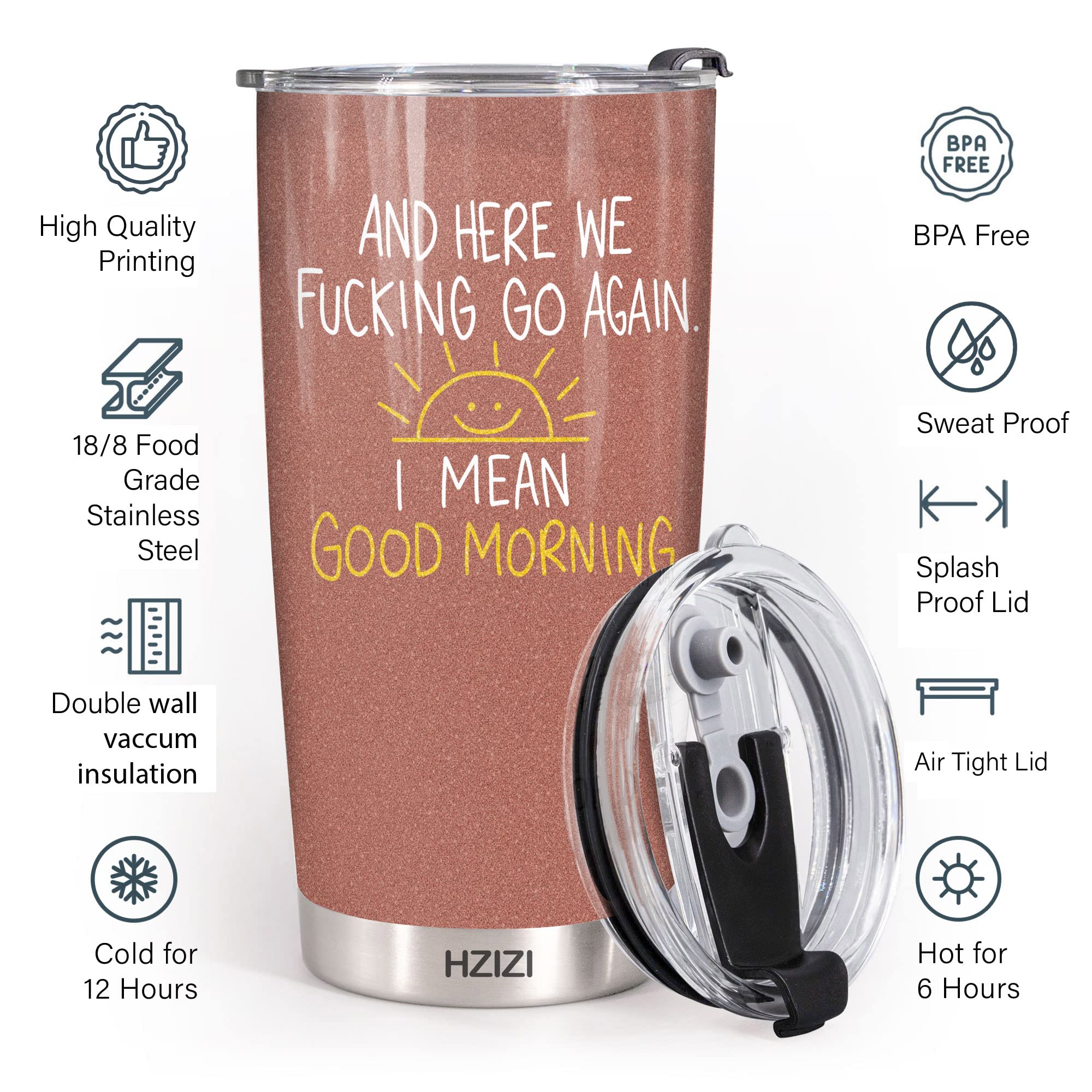 20 oz Insulated Tumbler with Lid - Funny Sarcastic 'Here We Go Again I Mean Good Morning' Coffee Mug - Perfect Gift for Women, Mom, Friends & Coworkers - Great for Office, Travel & Daily Coffee Routine
