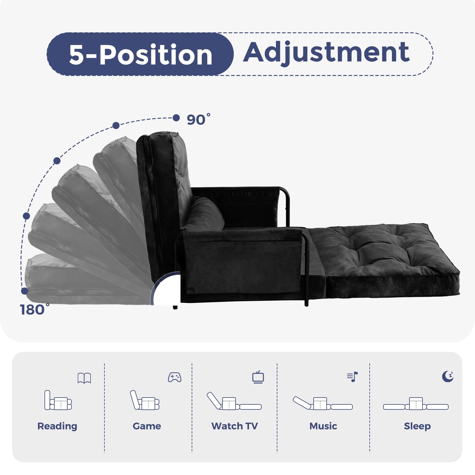 MAXYOYO Adjustable Floor Sofa Bed - Velvet Convertible Lazy Couch with Pillow & Armrests, Single Sleeper Sofa for Small Spaces (Black) | Perfect for Living Rooms, Dorms, Apartments & Guest Beds