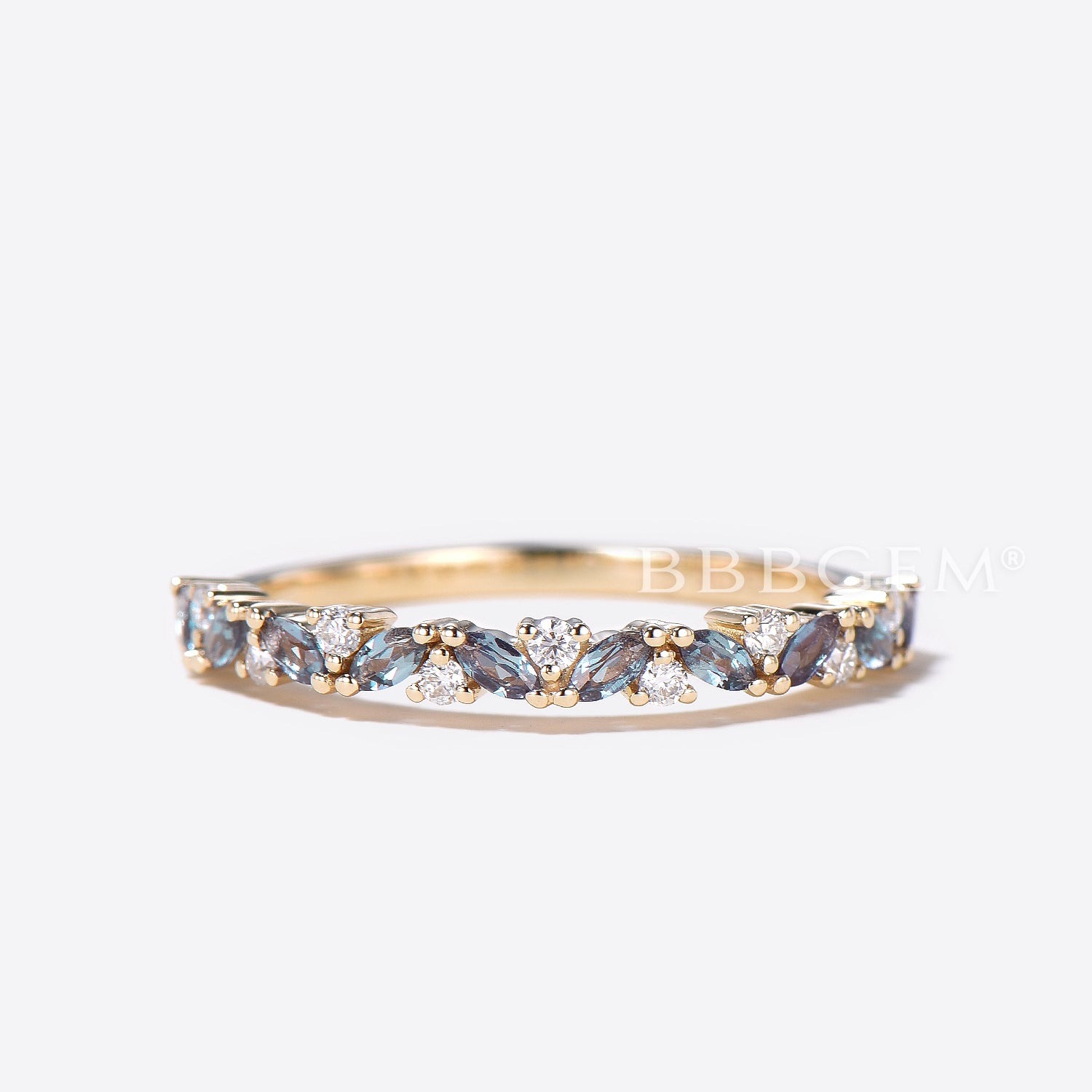 Vintage Marquise Alexandrite Wedding Ring - Half Eternity Round Diamond Band for Women - Perfect for Engagement, Anniversary & Romantic Occasions