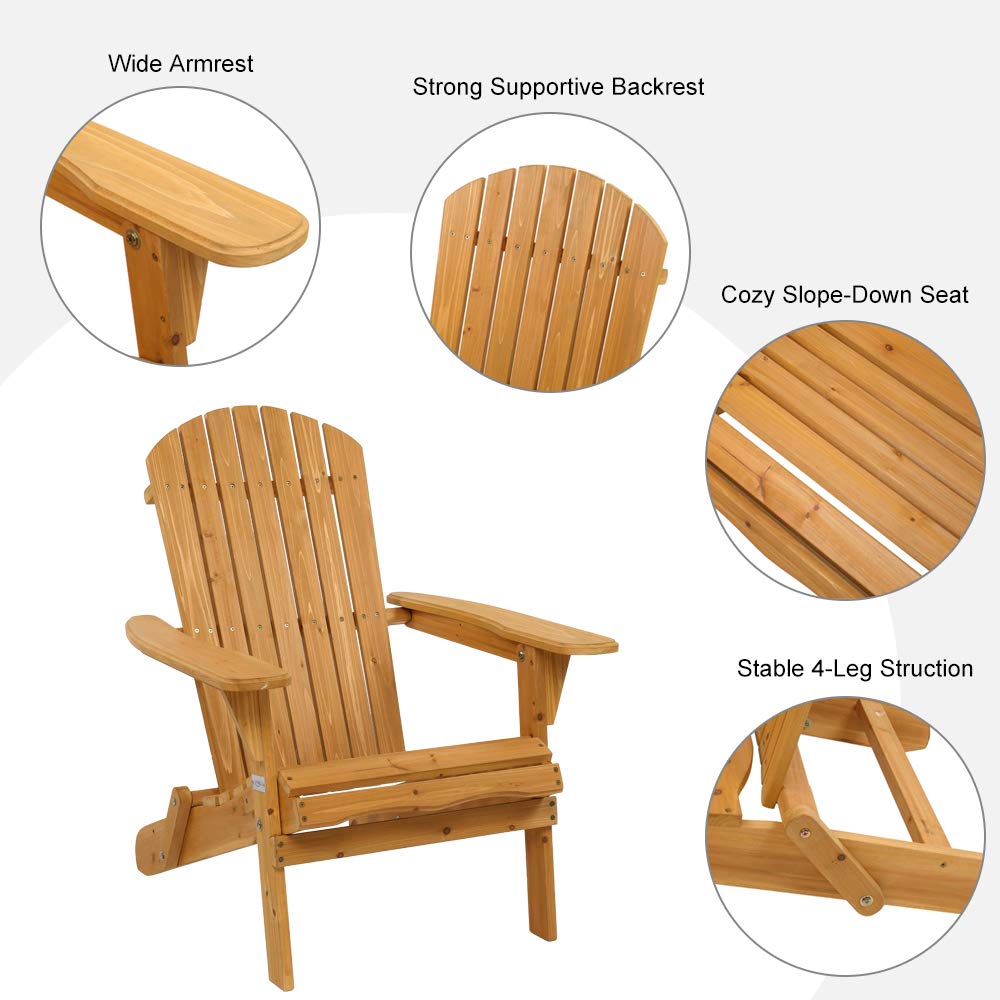 VINGLI 2-Piece Folding Wooden Adirondack Chair Set with Table - Ergonomic Outdoor Patio Furniture for Fire Pit, Beach, Balcony & Backyard - Natural Finish Comfortable Lawn Chairs for Relaxing in Garden, Poolside or Deck
