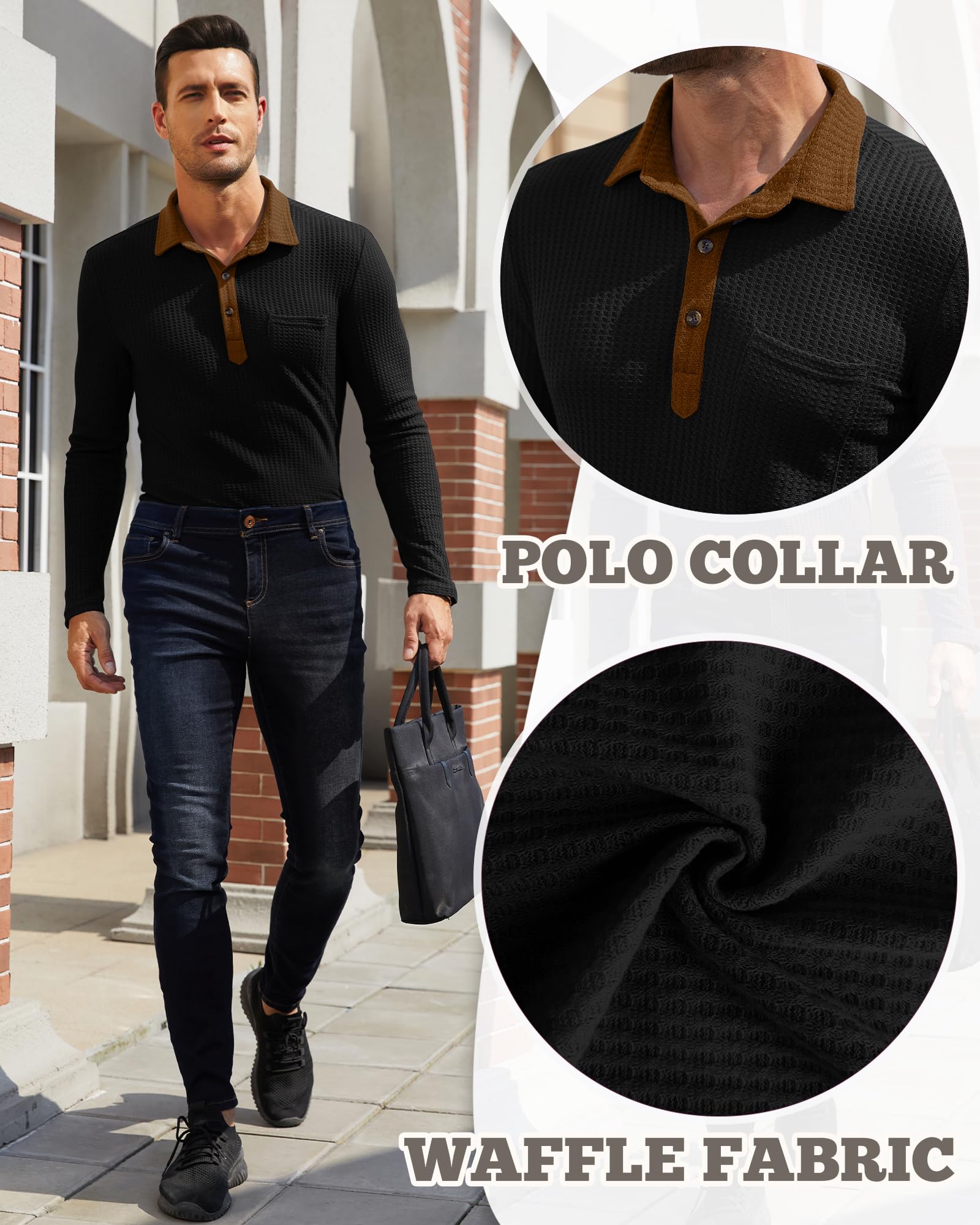 Men's Slim Fit Long Sleeve Polo Shirt - Lightweight Waffle Knit Texture, Casual Button Down Shirt with Chest Pocket | Perfect for Office, Golf, and Everyday Wear
