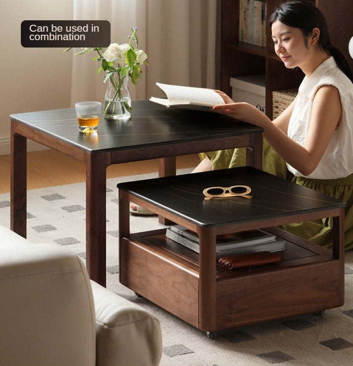 Modern Black Walnut Solid Wood TV Stand with Slate Top - Perfect for Living Room, Home Theater & Entertainment Center Storage