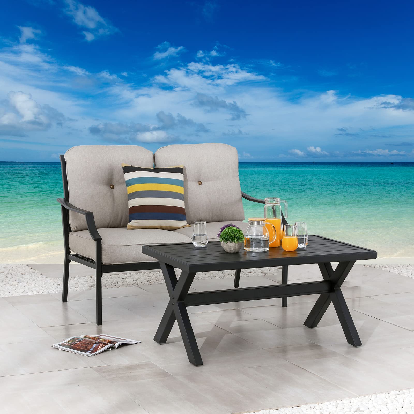 2-Piece Patio Loveseat Set with Thick Cushions & Coffee Table - Outdoor Metal Conversation Furniture for Garden, Bistro, Backyard (Beige) | Perfect for Small Spaces, Relaxing & Entertaining Guests