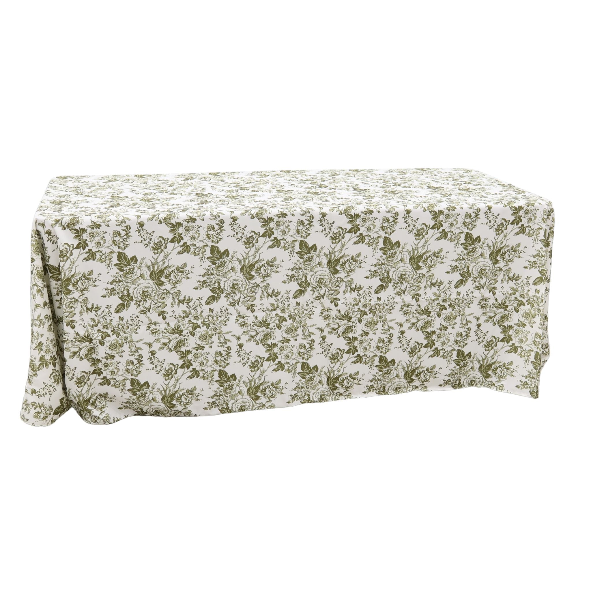 French Toile 90x156 Inch Rectangular Tablecloth - Olive Green Cotton Linen Blend for Dining Room, Kitchen & Outdoor Picnic Decor