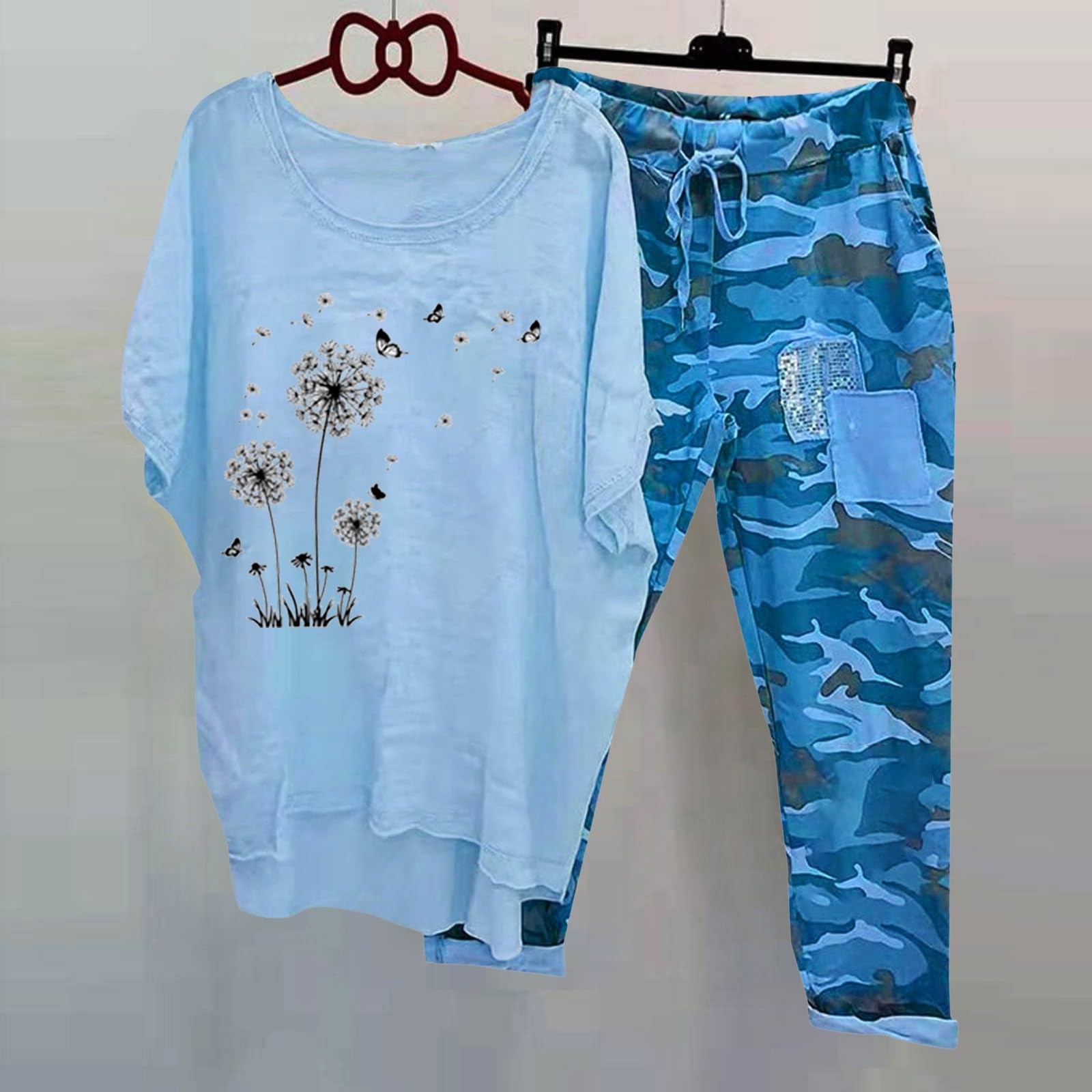 Women's 2-Piece Linen Lounge Set - Dandelion Print Short Sleeve Shirt & Camo Capri Pants | Breathable Summer Outfit for Casual Wear, Home Relaxation & Beach Vacation