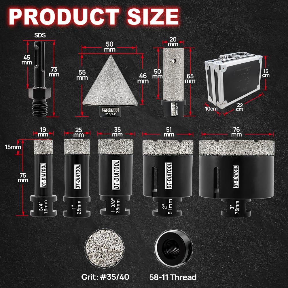 DT-DIATOOL 8-Piece Diamond Core Drill Bit Set - 19/25/35/51/76mm + 20mm Diamond Finger Bit + 50mm Diamond Chamfer Bit with SDS Adapter - Professional Hole Saw Kit for Porcelain, Ceramic Tile, Marble, Granite - Perfect for Bathroom Renovation, Kitchen Backsplash & Stone Countertop Installation