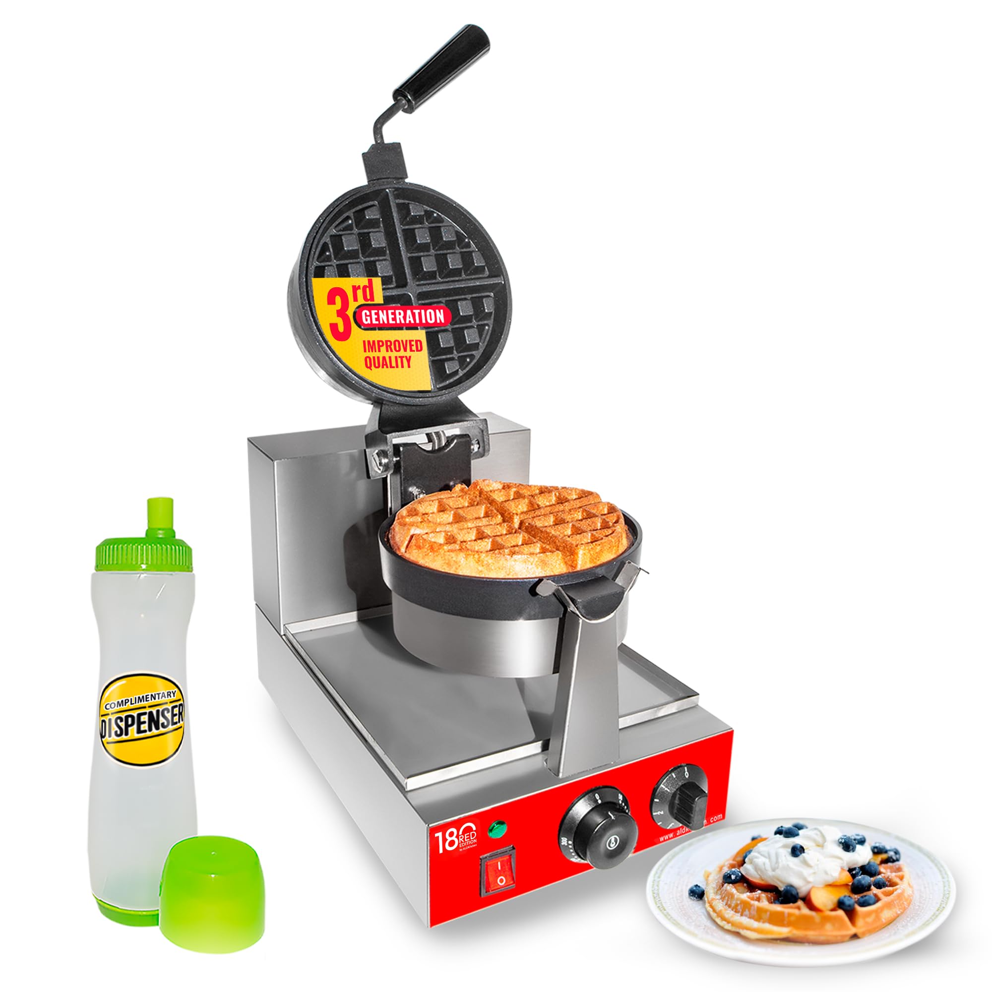 Commercial Belgian Waffle Maker with 360° Rotating Mechanism - Stainless Steel Waffle Iron 110V - Perfect for Restaurants, Cafes, and Home Breakfast