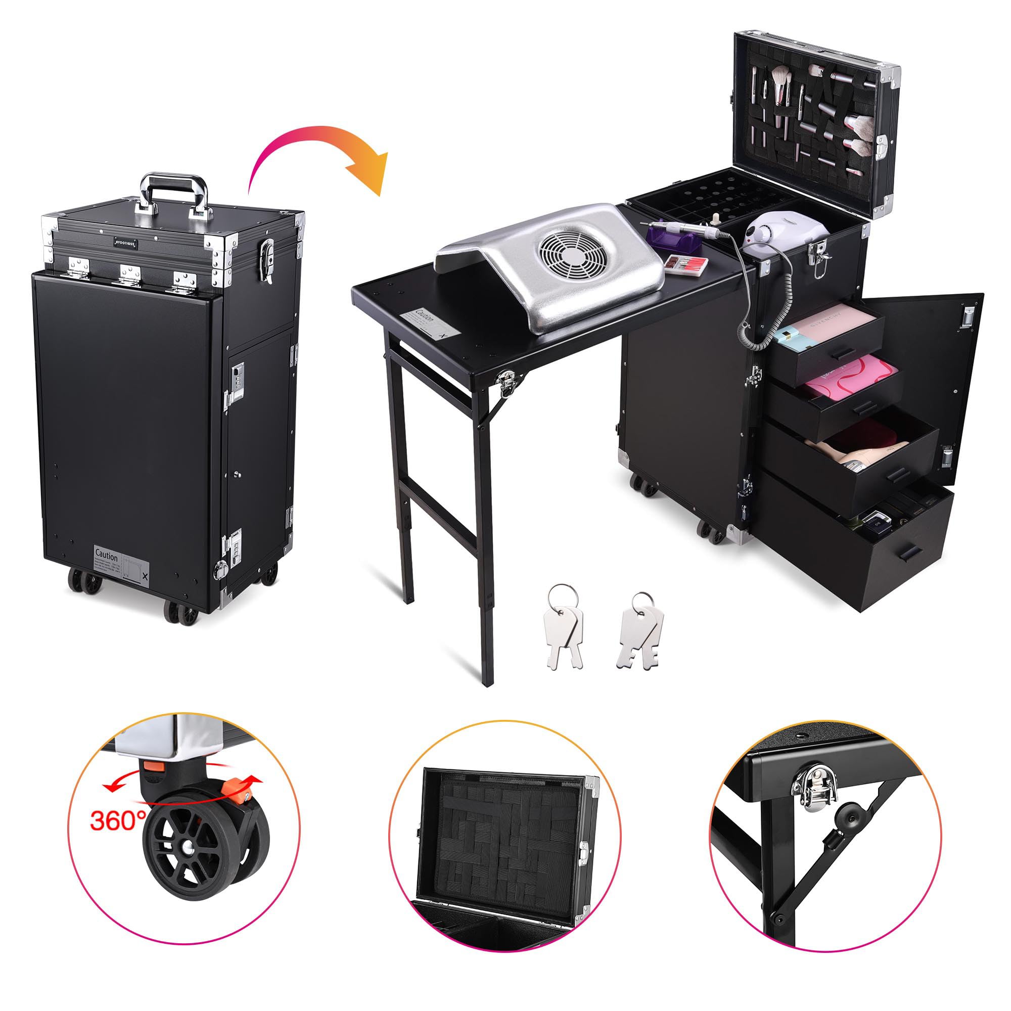 BYOOTIQUE Professional Rolling Manicure Table - Foldable Nail Salon Table with 4 Drawers, Mirror & Cosmetic Trolley - Portable Makeup Train Case for Beauty Technicians - Ideal for Salon Workstations, Home Use & Travel Storage Organizer (Black)