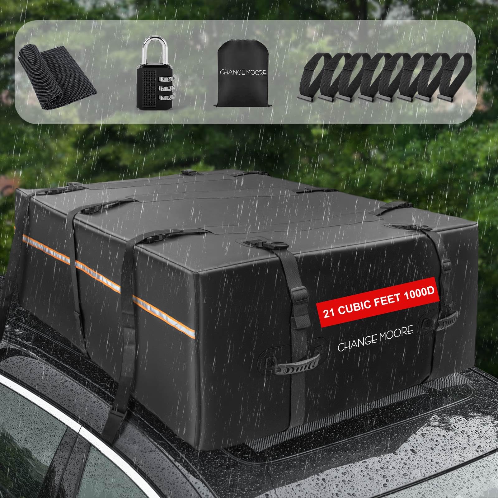 21 Cubic Feet Waterproof Rooftop Cargo Carrier Bag - 1000D Heavy Duty Car Roof Storage for SUVs, Trucks & All Vehicles (With/Without Rack) | Includes Anti-Slip Mat, 8 Door Hooks, Storage Bag & Luggage Lock | Perfect for Road Trips, Camping & Outdoor Adventures