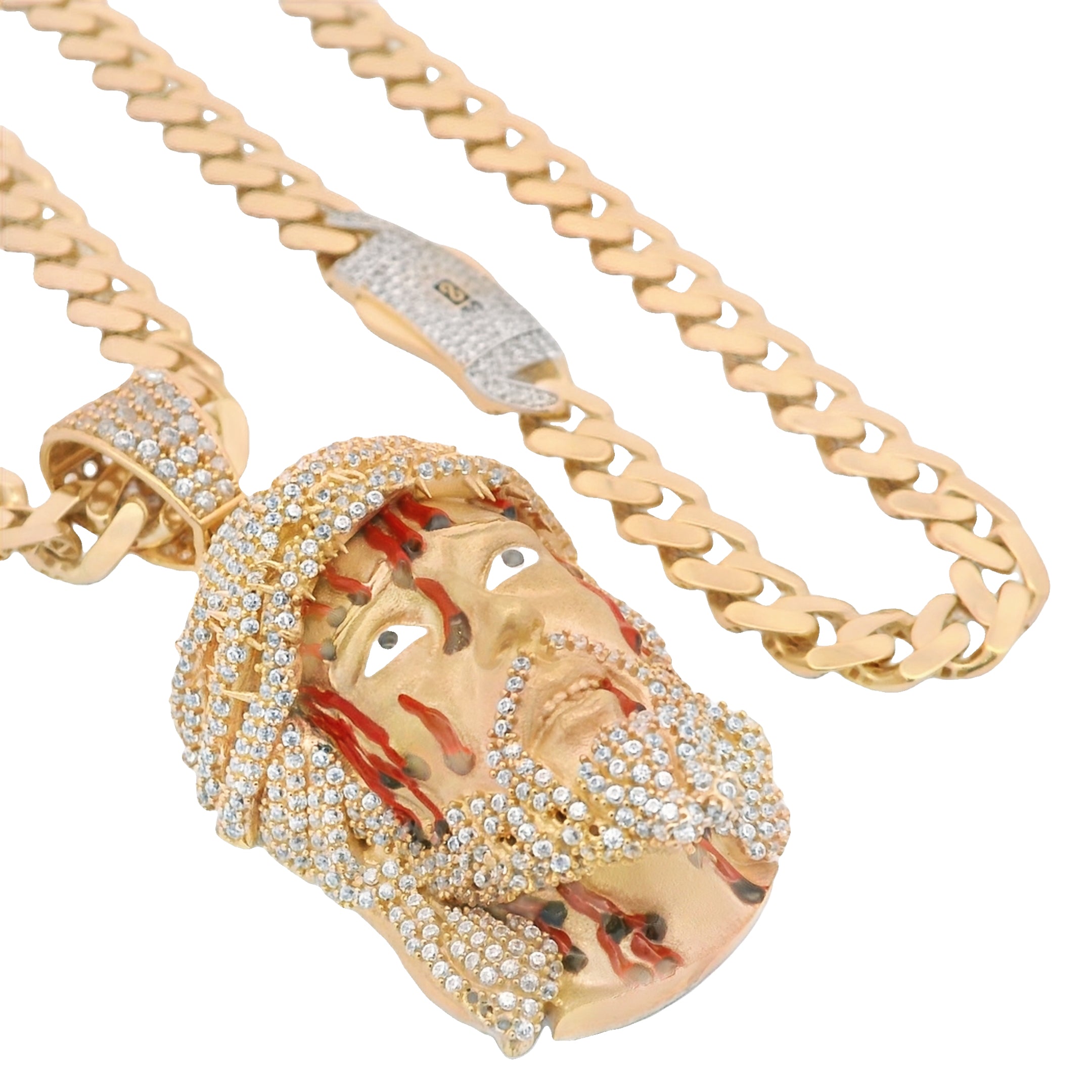 14K Gold Jesus Face CZ Pendant with Hollow Cuban Link Chain (6.8mm, 22 Inches) - Religious Jewelry for Men & Women - Perfect for Church, Gifts & Everyday Wear | JTJ™